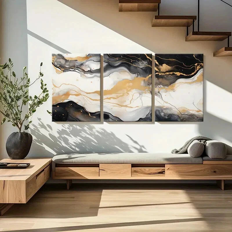 3-Piece Abstract Art Golden Black White Metal Print Wall Decor - Ready to Hang Modern Canvas Art for Living Room, Bedroom & Office Decor
