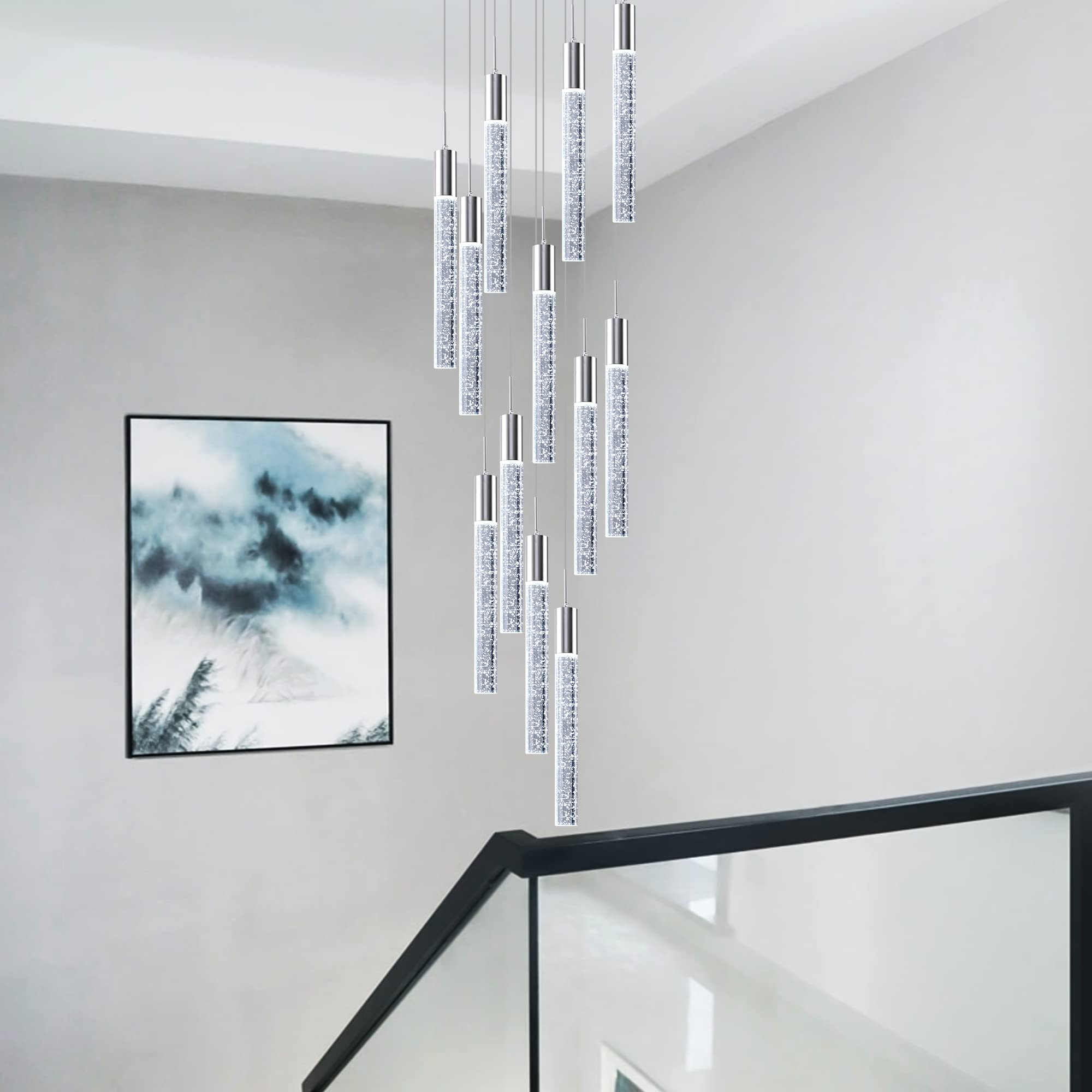 Modern 12-Light Crystal Chandelier for High Ceilings - Large Spiral LED Raindrop Pendant Light with Chrome Finish | Perfect for Foyer, Staircase, Living Room & Dining Room Lighting