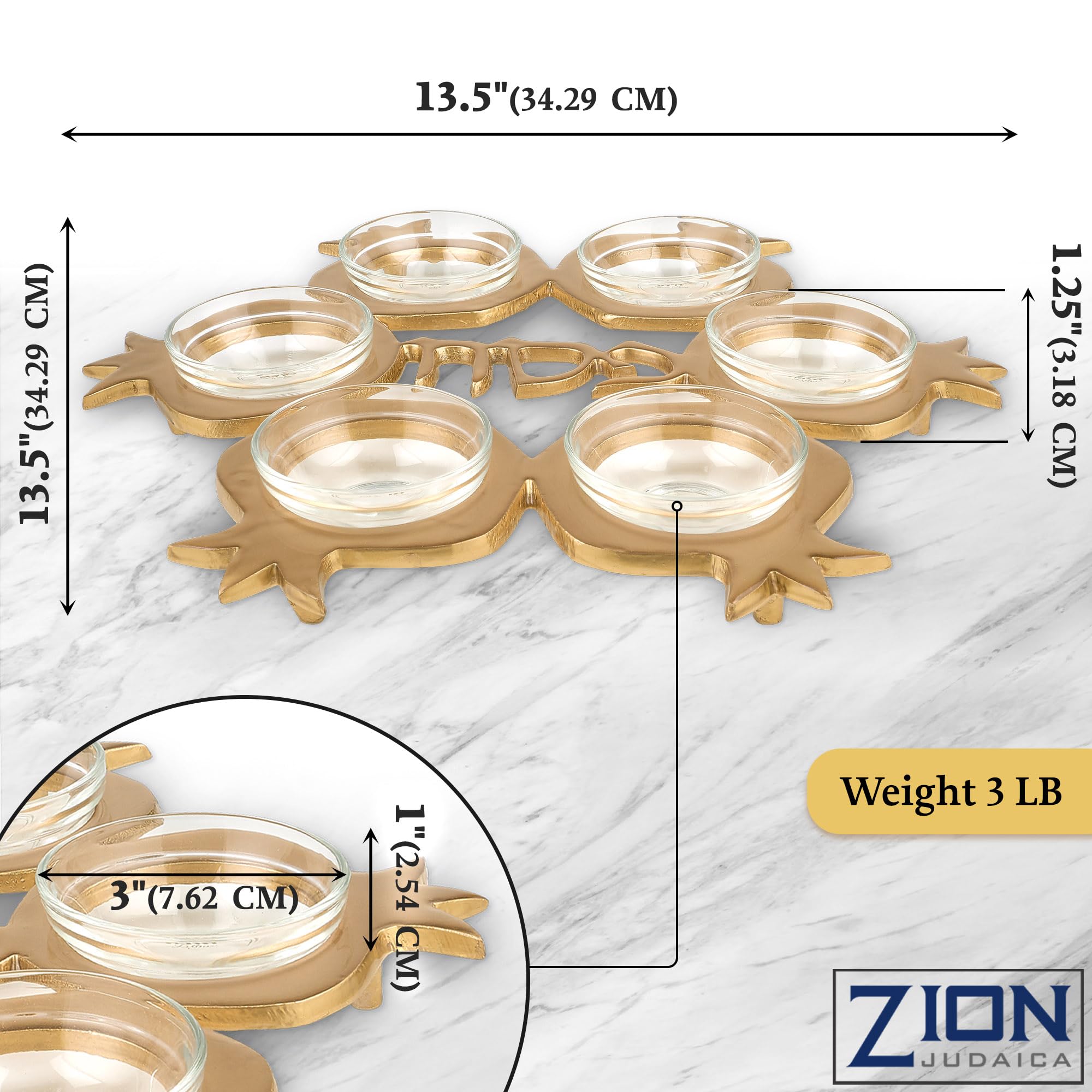 Gold Passover Seder Plate - Pomegranate Shaped Aluminum Tray with 6 Glass Dishes for Pesach Celebrations
