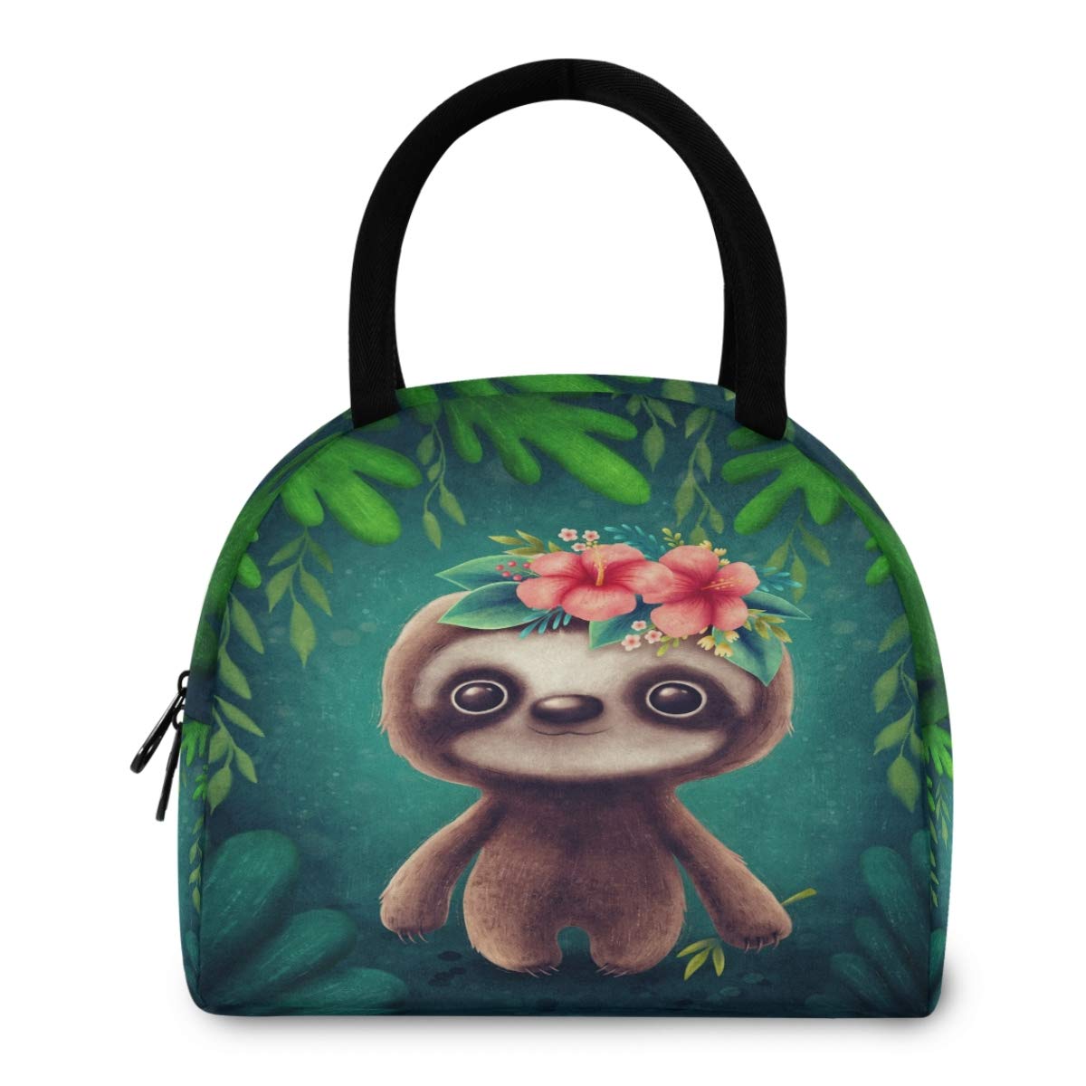 Cute Sloth with Flowers Insulated Lunch Tote Bag - Reusable Thermal Cooler with Front Pocket & Zipper Closure for School, Work, Picnic, Beach, Fishing & Outdoor Activities