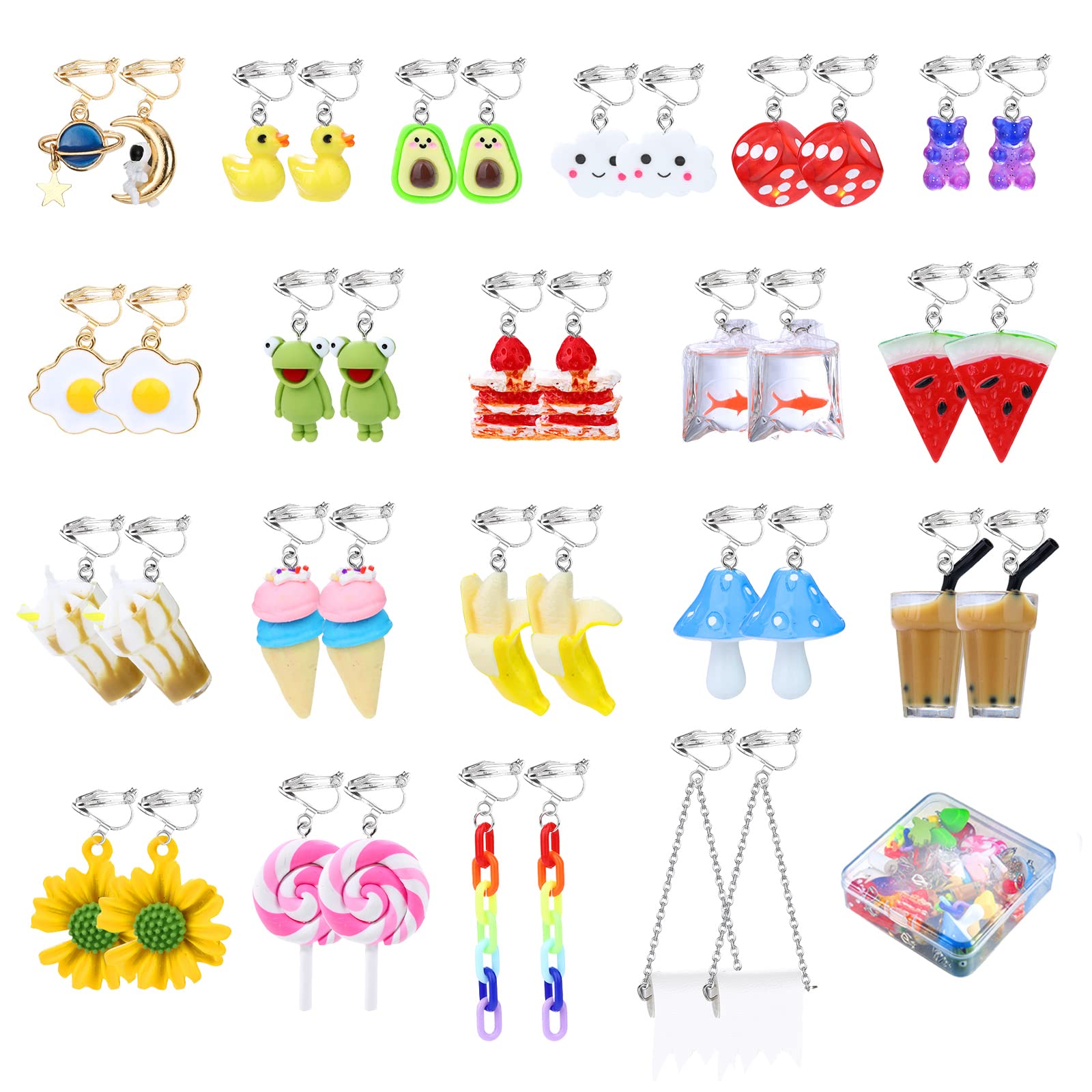 **Kakonia 20 Pairs Cute Clip-On Earrings for Women & Girls – Fun Drop Dangle Earrings in Mushroom, Strawberry, Flower & Animal Designs – Kawaii Non-Pierced Earrings with Clear Box – Perfect for Parties, Gifts & Everyday Wear**
