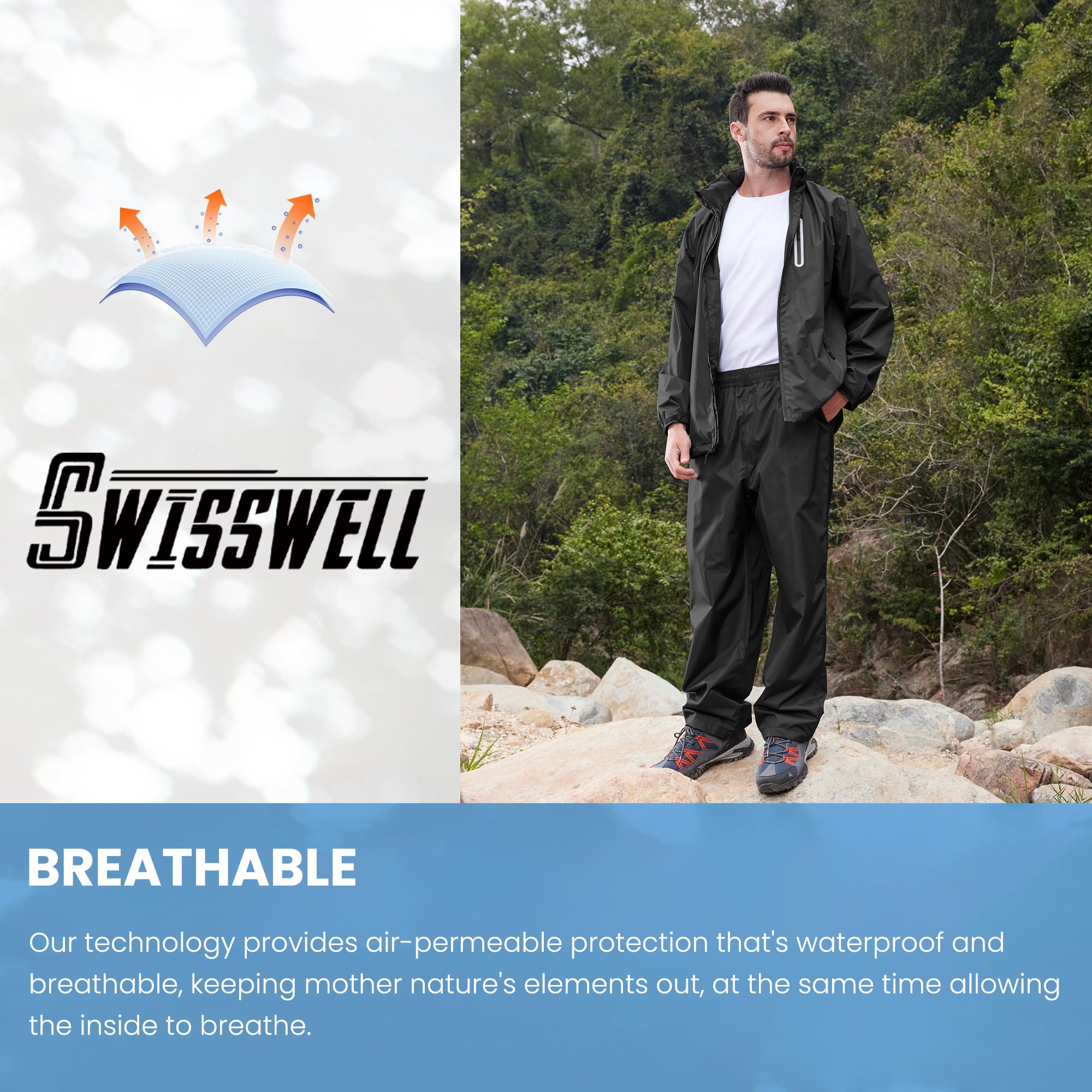 SWISSWELL Waterproof Rain Suit for Men & Women - Lightweight Hooded Raincoat Jacket with Pants for Golf, Hiking, Travel & Outdoor Activities | All-Weather Protection