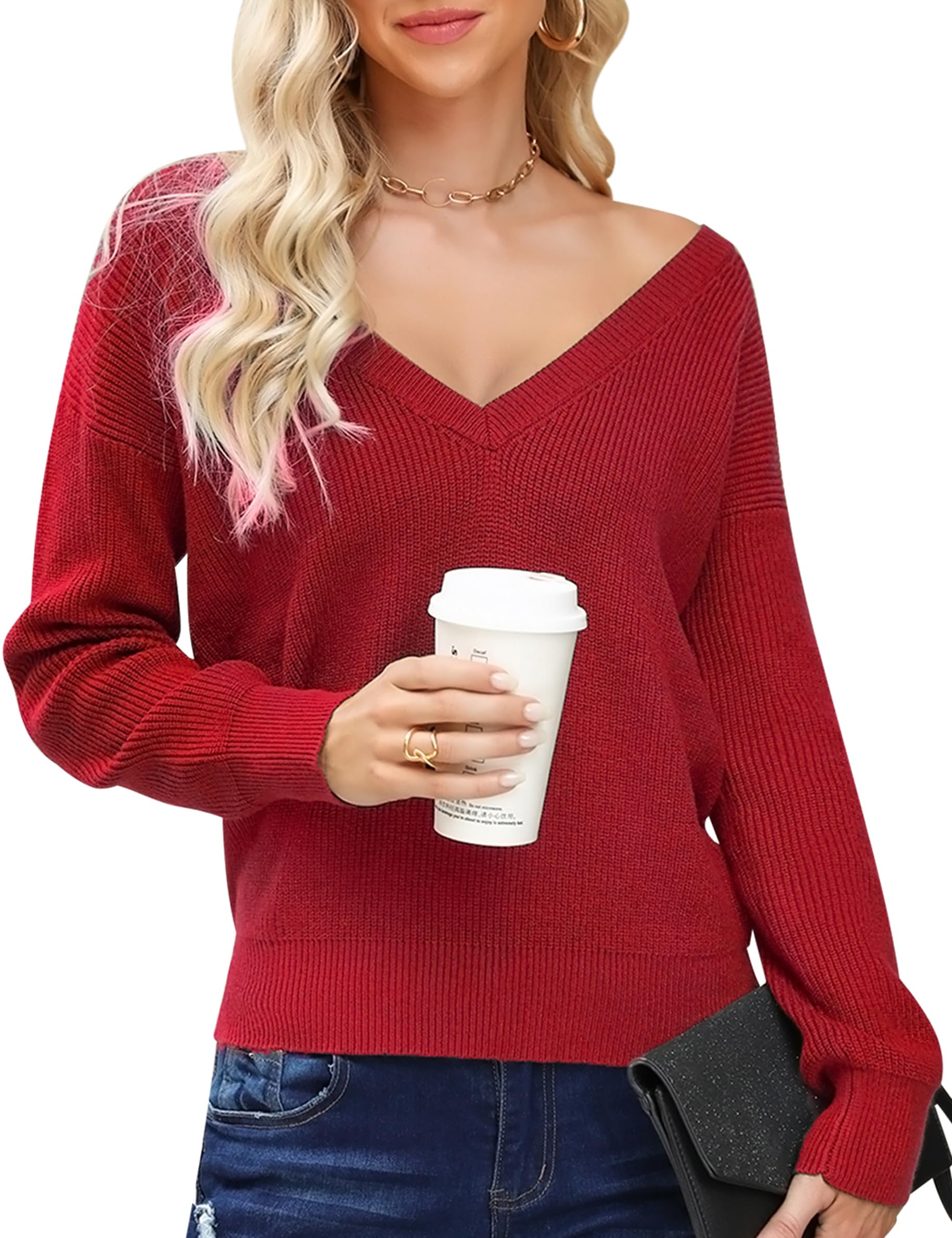 Cowasto Women's Sexy Deep V Neck Christmas Sweater - Long Sleeve Casual Pullover for Fall & Winter - Perfect for Holiday Parties, Date Nights & Cozy Outfits