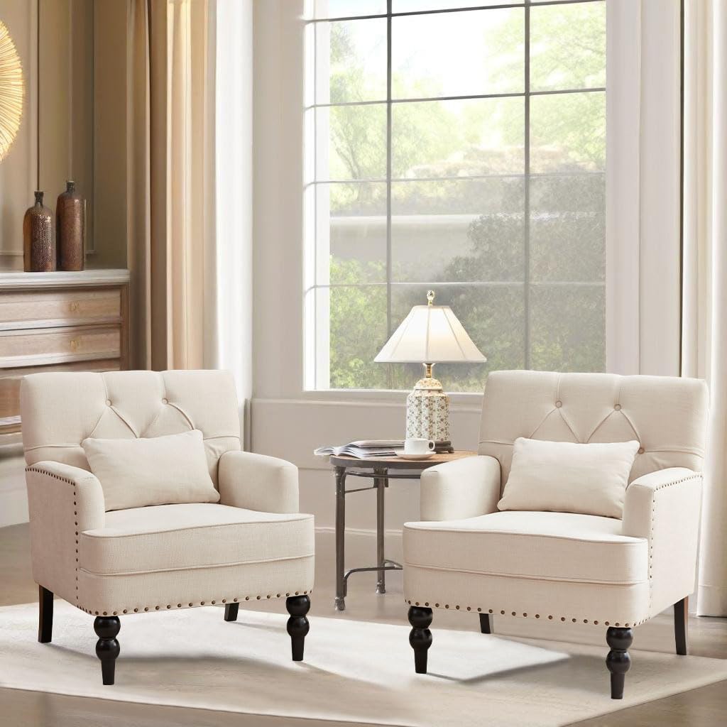 HUIMO Tufted Club Chair Set of 2 - Mid Century Modern Accent Chairs with Lumbar Pillow & Studded Upholstery, Beige Fabric Armchairs for Living Room, Bedroom, Office or Reading Nook - Cozy Seating for Relaxation & Home Decor