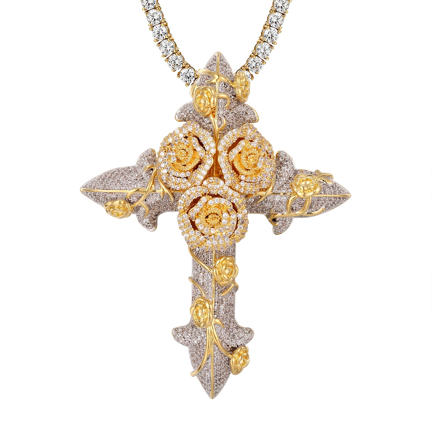 Religious Jesus Cross Pendant - Two Tone Flower Icy Design for Women & Men | Perfect for Church, Daily Wear & Gift Giving