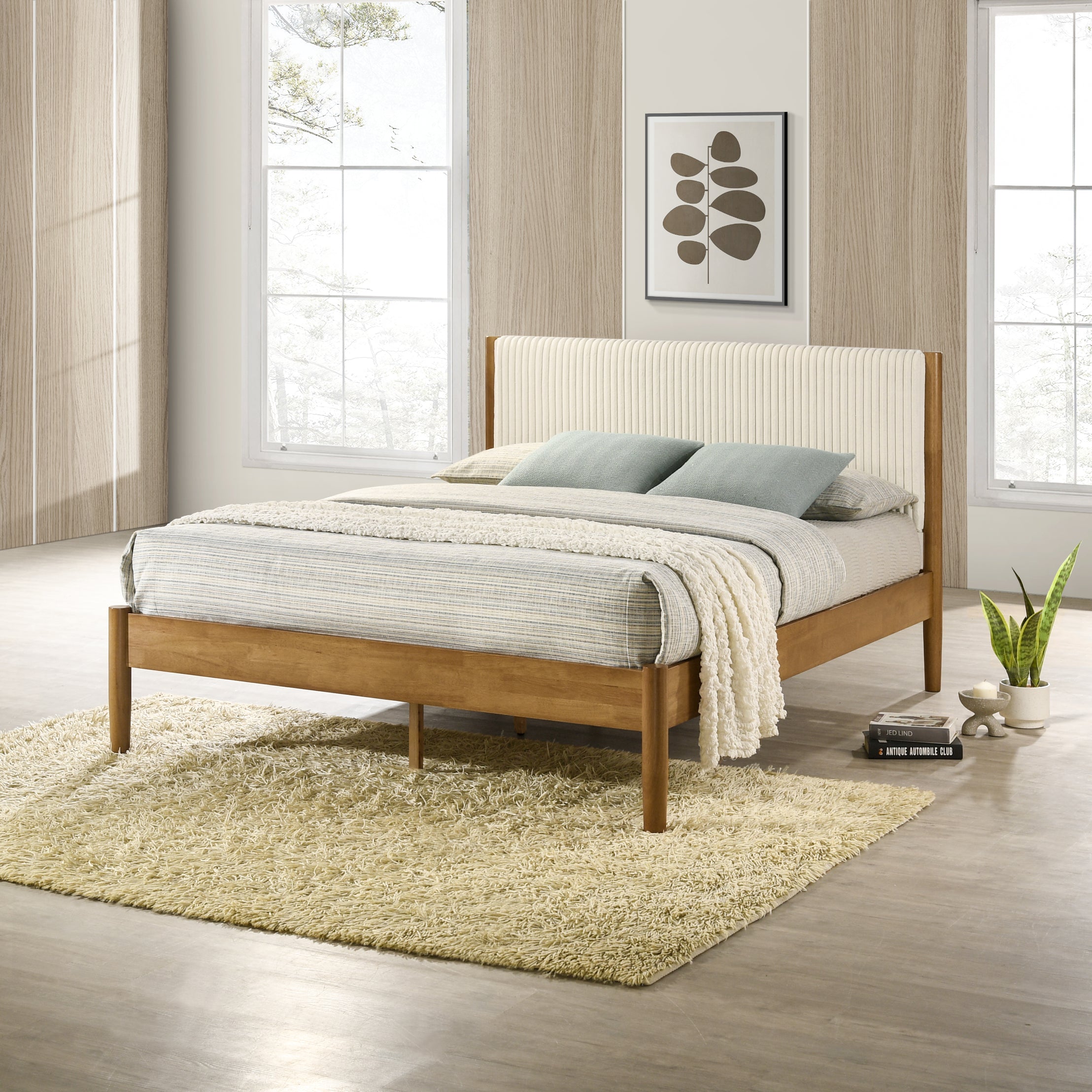 Roundhill Furniture Vichy 3-Piece Rubberwood Bedroom Set - Queen Size Platform Bed with 2 Nightstands for Modern Bedroom | Solid Wood Frame, Minimalist Design | Perfect for Master Bedroom, Guest Room & Small Spaces