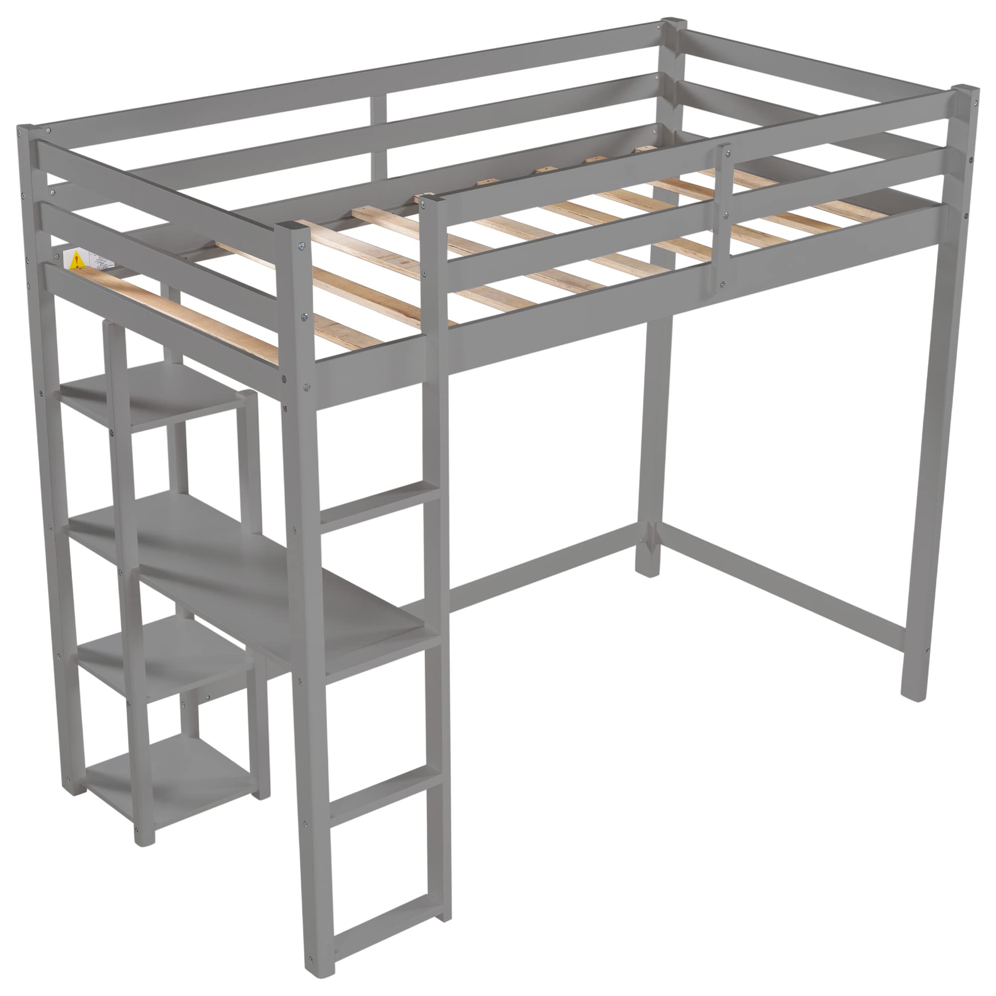 RUNNA Twin Size Loft Bed with Storage Shelves & Under-Bed Desk - Sturdy Wood Loft Bed Frame with Full-Length Guardrail & Built-in Ladder - Space-Saving Kids/Teens/Adults Bedroom Furniture (Gray) - Perfect for Small Rooms, Dorms & Apartments
