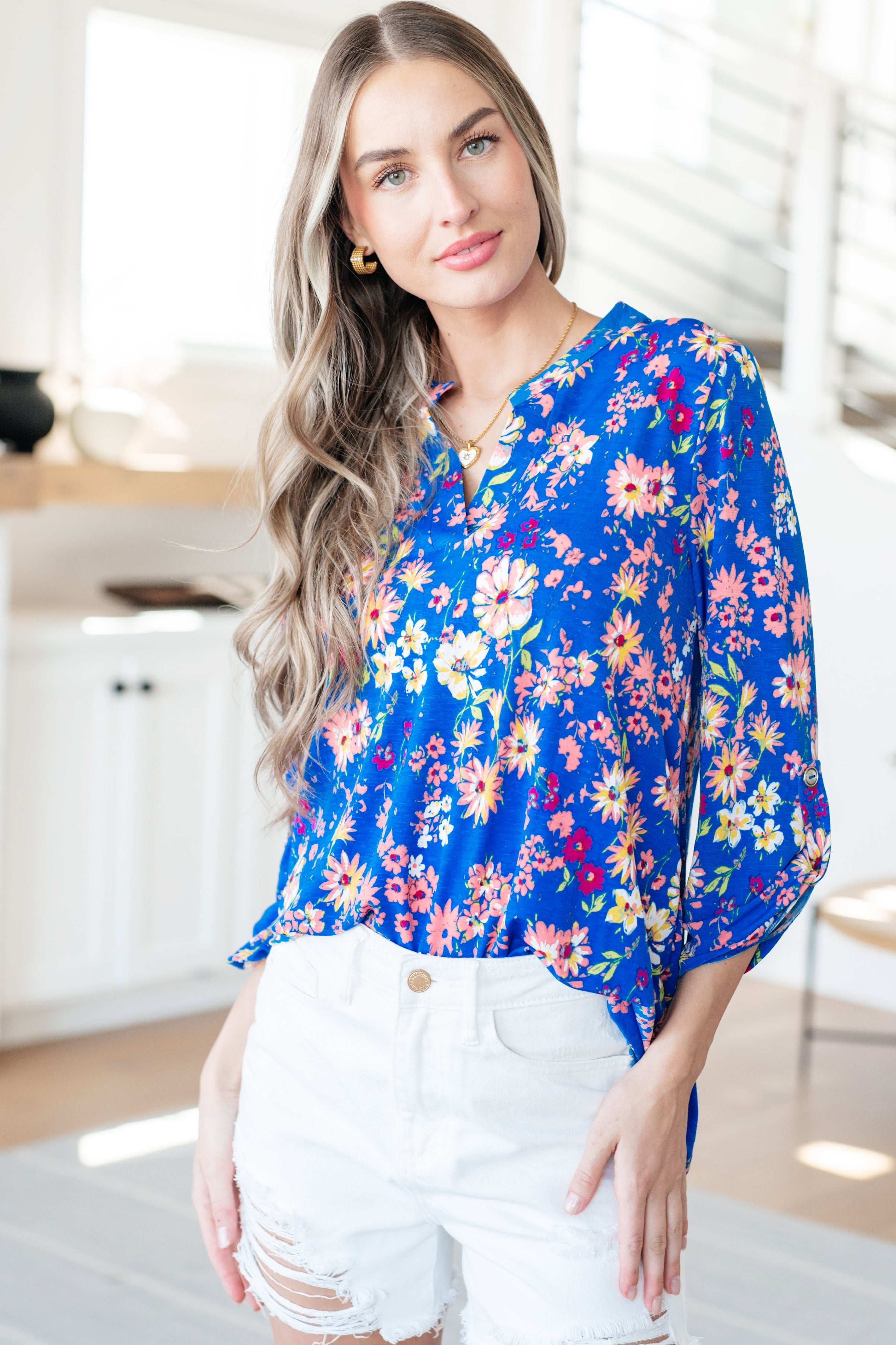 Lizzy Top - Royal & Blush Floral Print Women's Blouse | Perfect for Casual Outings, Date Nights & Spring Fashion