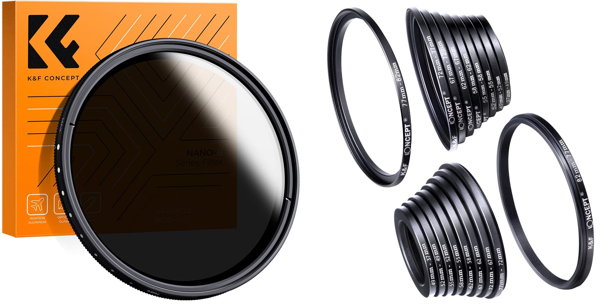 49mm Variable ND2-400 Lens Filter (1-9 Stops Adjustable) with 18-Piece Filter Adapter Ring Kit - Professional Neutral Density Filter for DSLR, Mirrorless Cameras - Perfect for Photography, Videography, and Outdoor Shooting