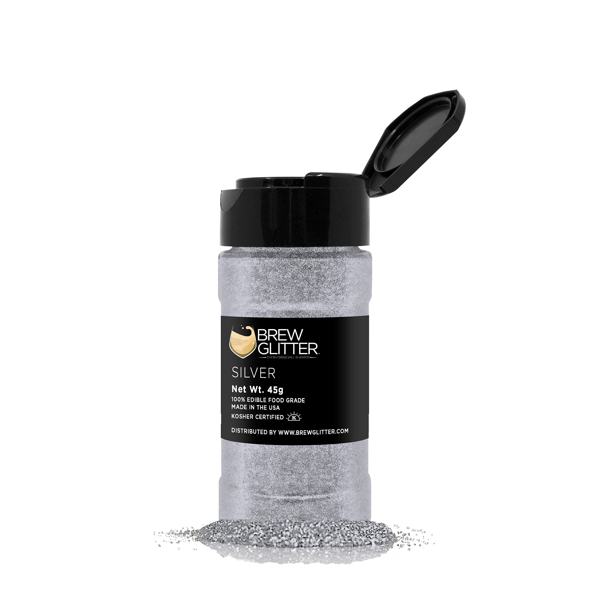 Edible Silver Glitter for Drinks - Food Grade Sparkle Dust for Cocktails, Beer & Beverage Garnish | Kosher & Halal Certified | Vegan, Gluten & Nut Free | Perfect for Party Drinks, Wedding Cocktails & Bar Decor (45g Shaker)