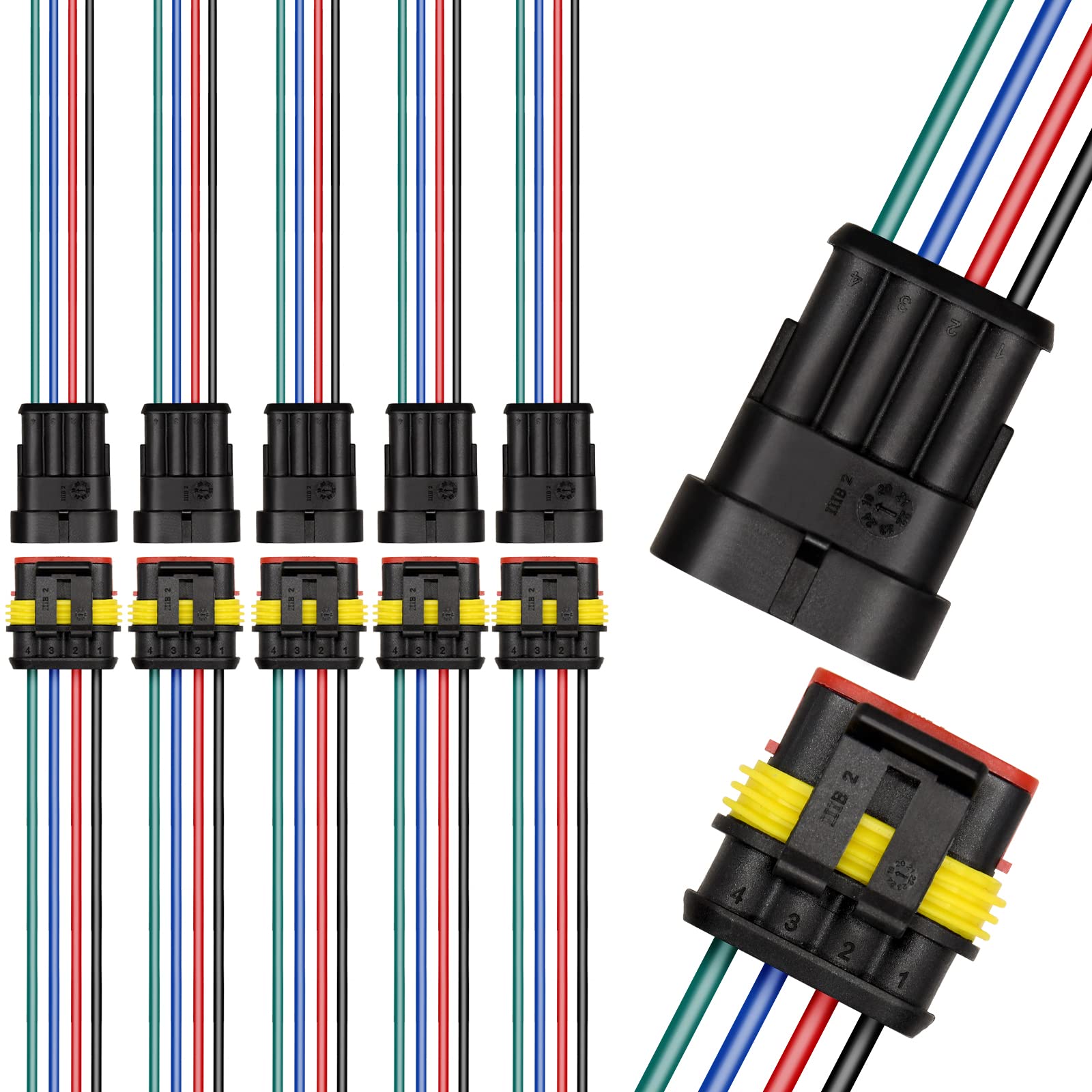 4 Pin Electrical Connectors (6 Pack) - 18 AWG Automotive Waterproof Wire Connectors Kit for Motorcycle, Car, Boat - Secure Plug-in Connection for Harsh Weather & Marine Environments