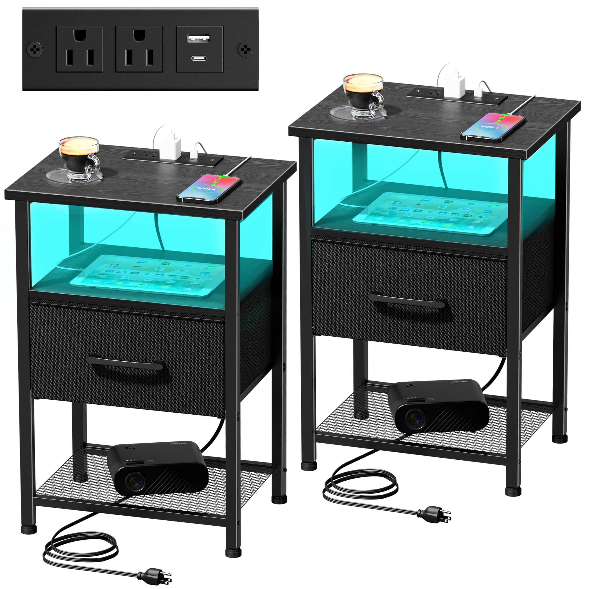 2-Piece Nightstand Set with USB Charging Station, LED Light Strip & 2-Tier Shelf - Modern End Tables for Bedroom, Living Room & Sofa (Black) | Bedside Storage with 20 Color Options for Home Decor & Relaxation