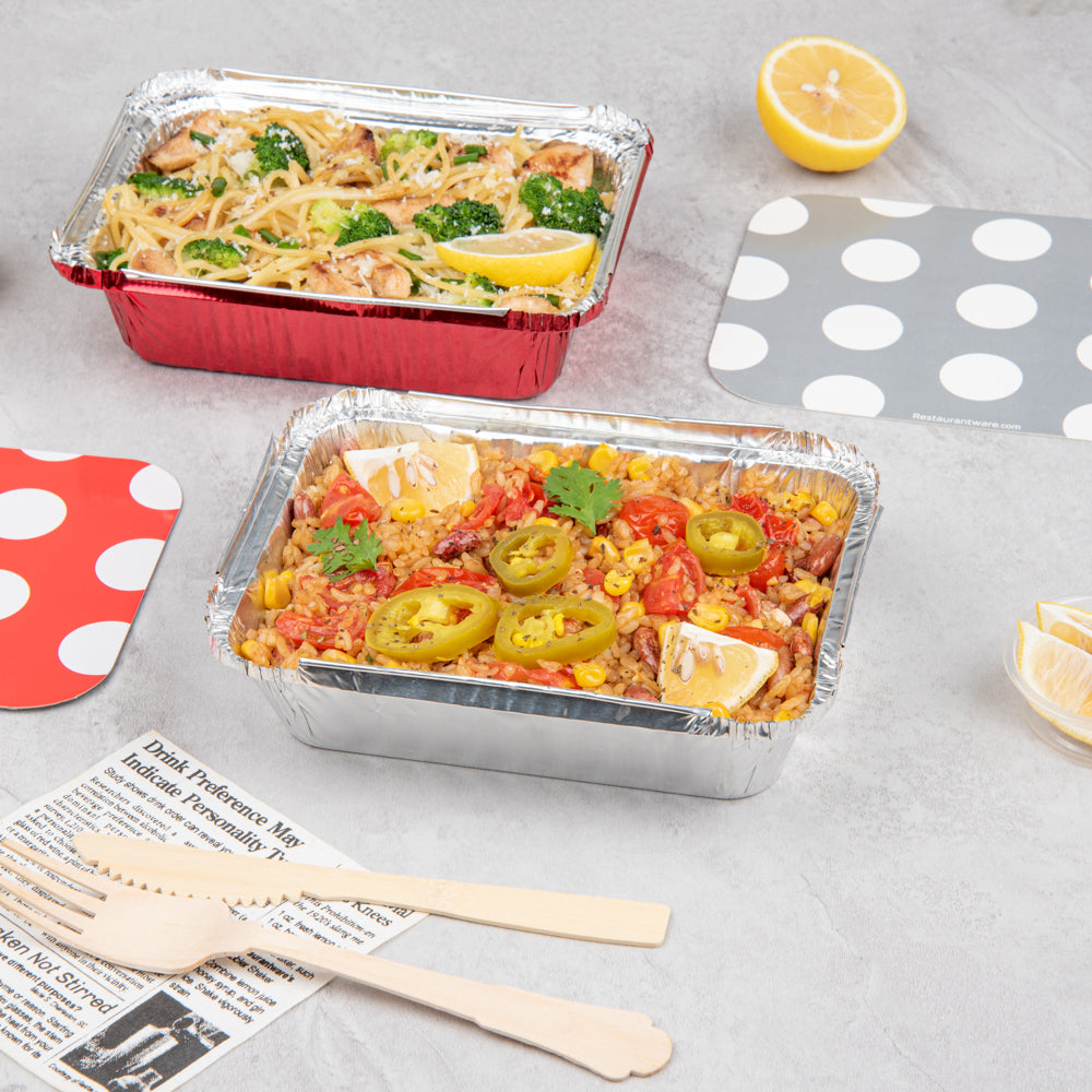 16 oz Rectangle Silver Aluminum Take Out Containers with Polka Dot Paper Lids - 7.25