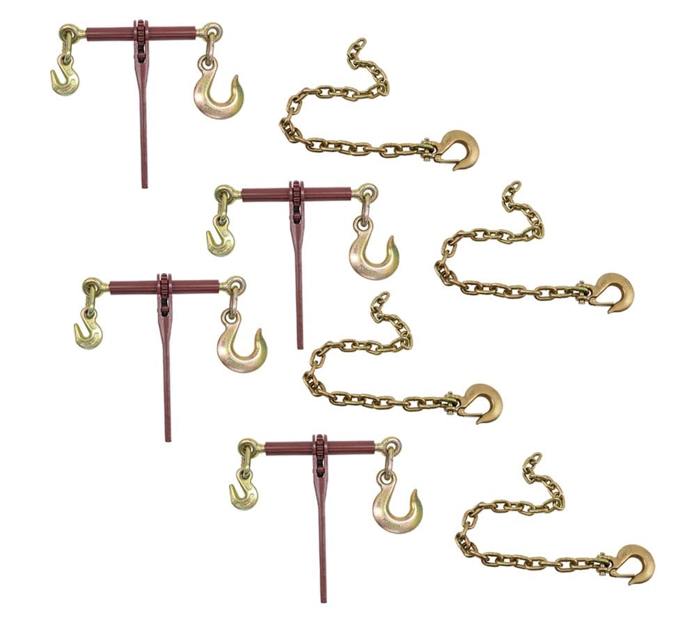 Mytee Products 4-Piece Ratchet Binder Set with Grab Hook & 4-Piece Trailer Hitch Safety Chain with Slip Hook - Heavy Duty Towing & Cargo Securing for Trucks, Trailers & Equipment