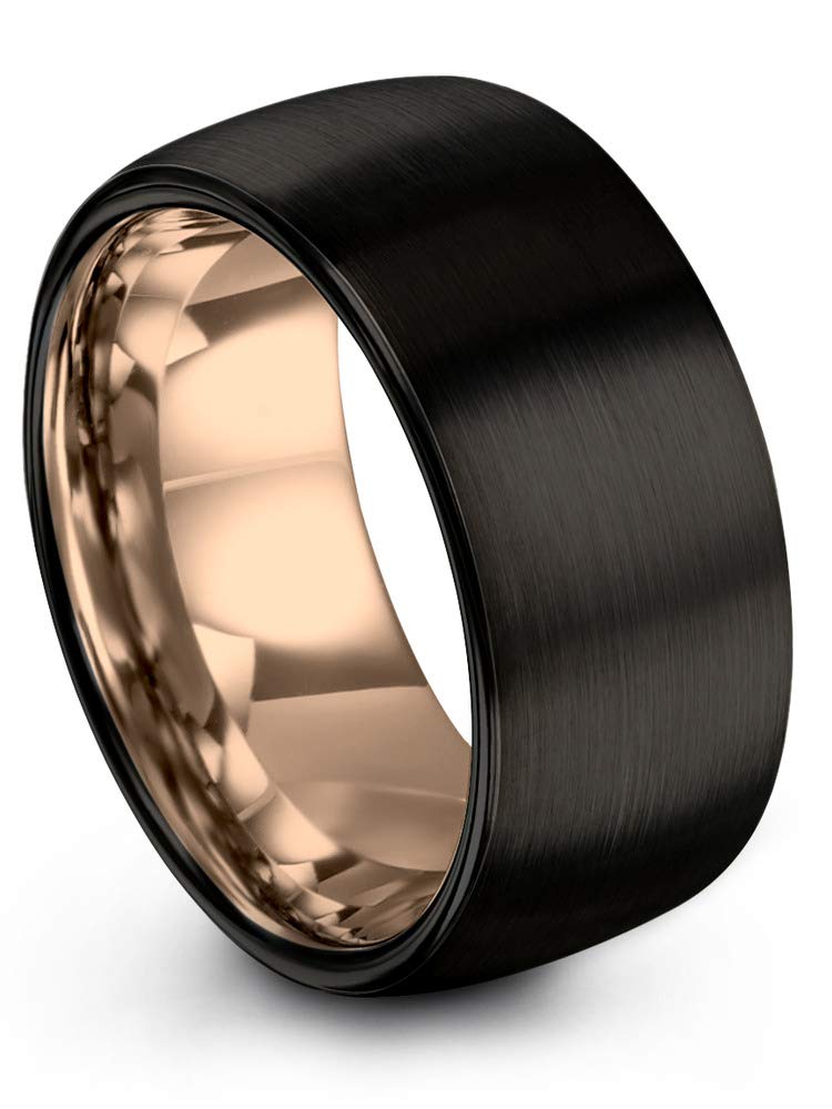Midnight Rose Collection 10mm Tungsten Wedding Band Ring for Men & Women - 18k Rose Gold Plated Dome, Black Brushed & Polished Finish - Perfect for Anniversaries, Engagements & Everyday Wear
