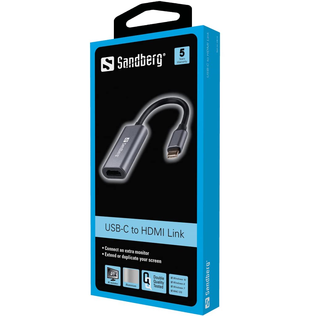 Sandberg USB-C to HDMI Adapter Cable - 4K Ultra HD Video & Audio Output - Compatible with MacBook, Chromebook, Surface Pro - Perfect for Home Office, Presentations & TV Streaming