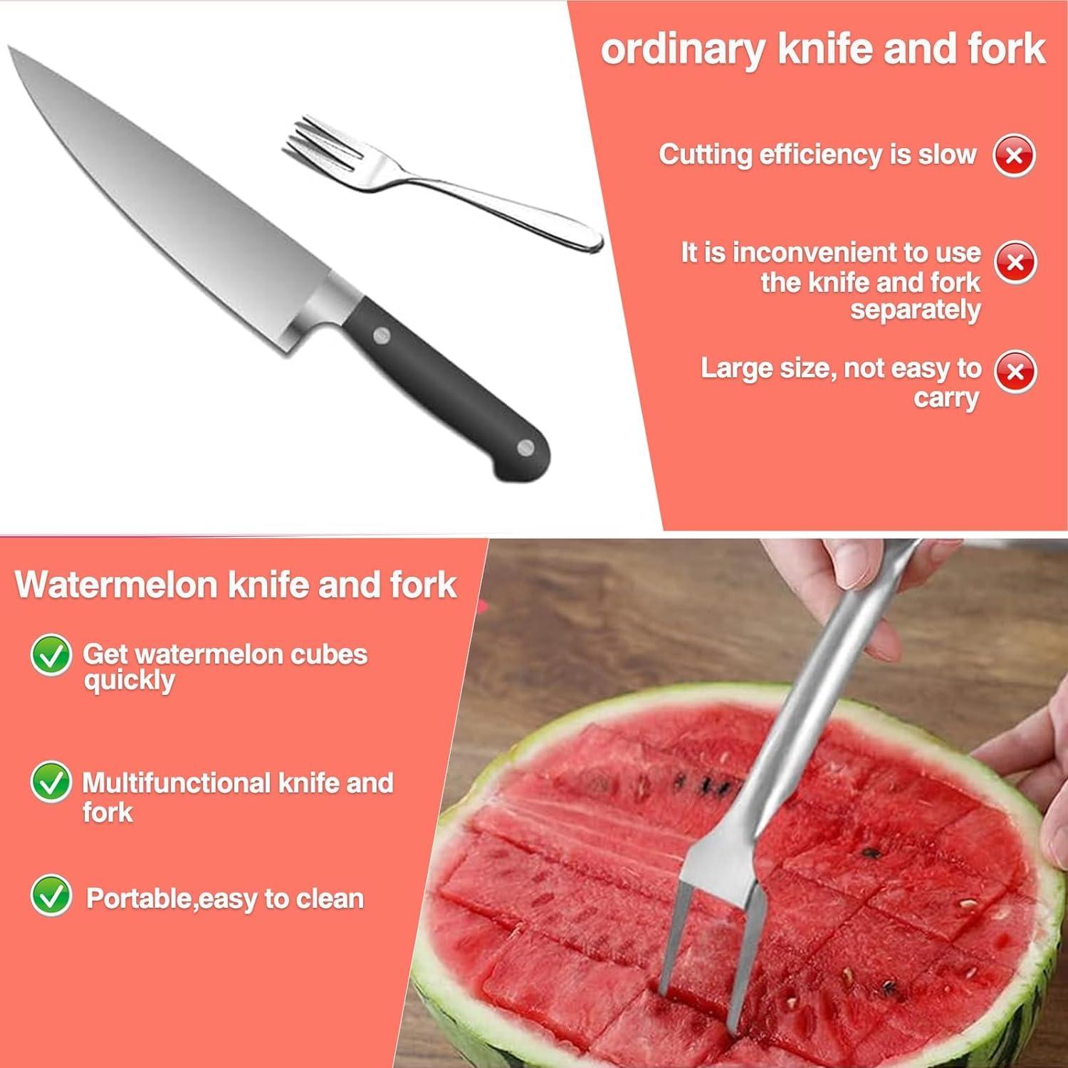 Stainless Steel 2-in-1 Watermelon Slicer and Fork - Portable Fruit Cutting Tool for Home, Parties, Camping & Kitchen - Easy Watermelon Wedge Cutter (1 Pack) | Perfect for BBQs, Picnics, Summer Gatherings & Outdoor Adventures