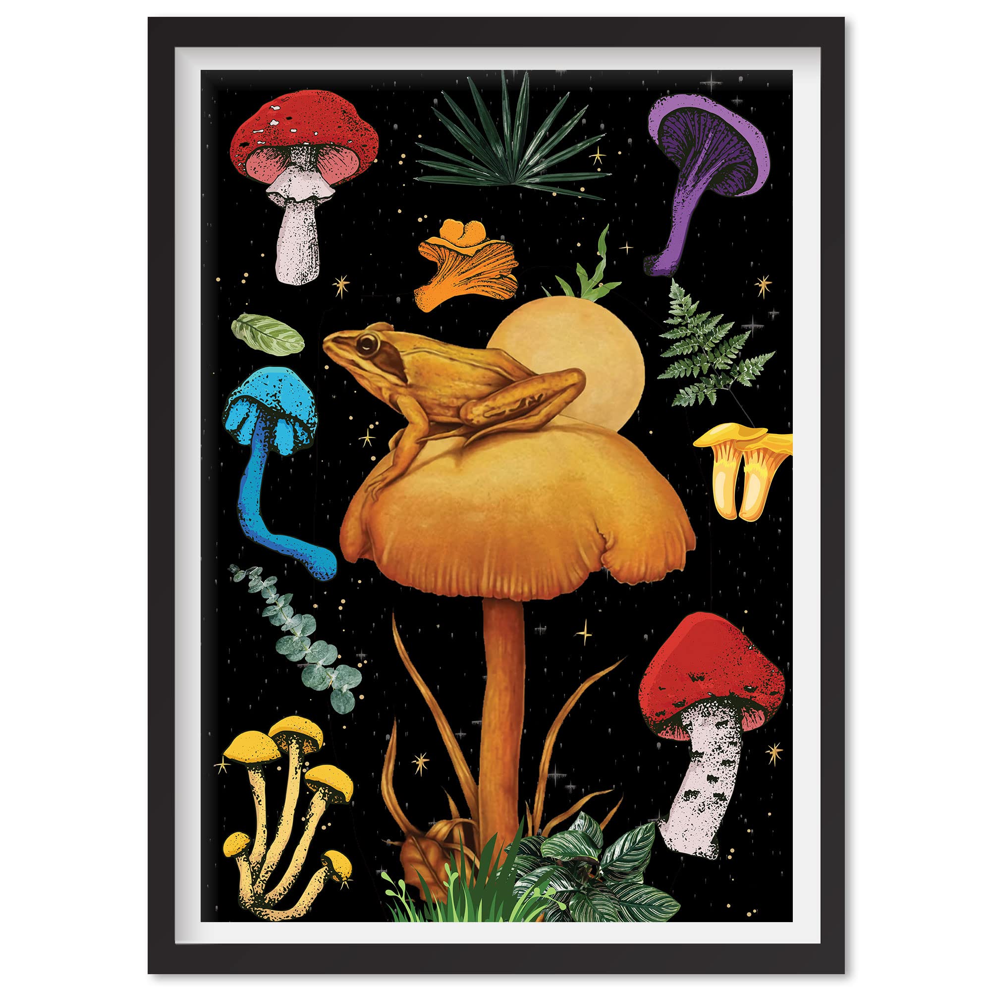 Black Canvas Mushroom Wall Art - Boho Aesthetic Decor for Kitchen, Living Room & Bedroom | Unique Mushroom Painting for Home & Office Decoration