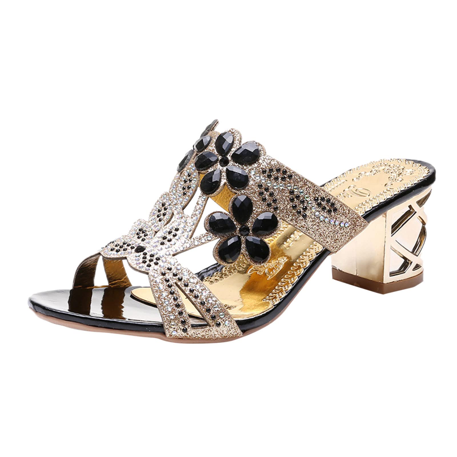 Sparkly Rhinestone Slip-On Sandals for Women - Trendy Chunky Heel Peep Toe Dressy Heeled Sandals | Perfect for Parties, Weddings & Evening Events