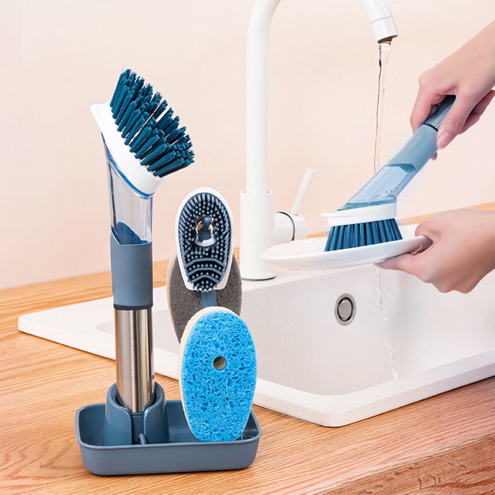 Eco-Friendly Dish Brush Set with 4 Replaceable Heads & Stand - Long Handle Kitchen Scrubber for Pots, Pans & Dishes | Gentle TPR Wood Pulp Cotton Sponge | Perfect for Daily Dishwashing & Tough Grease Cleaning