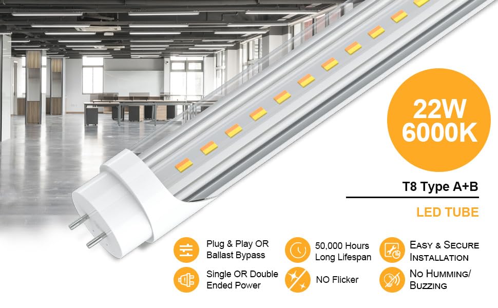 T8 T12 LED Tube Light Bulbs 4ft - Super Bright 22W 5000K 2860LM, Type A+B Dual Mode (Plug & Play/Ballast Bypass), Durable Fluorescent Replacement - ETL & DLC Certified (6-Pack, Cool White) - Perfect for Offices, Warehouses & Commercial Lighting