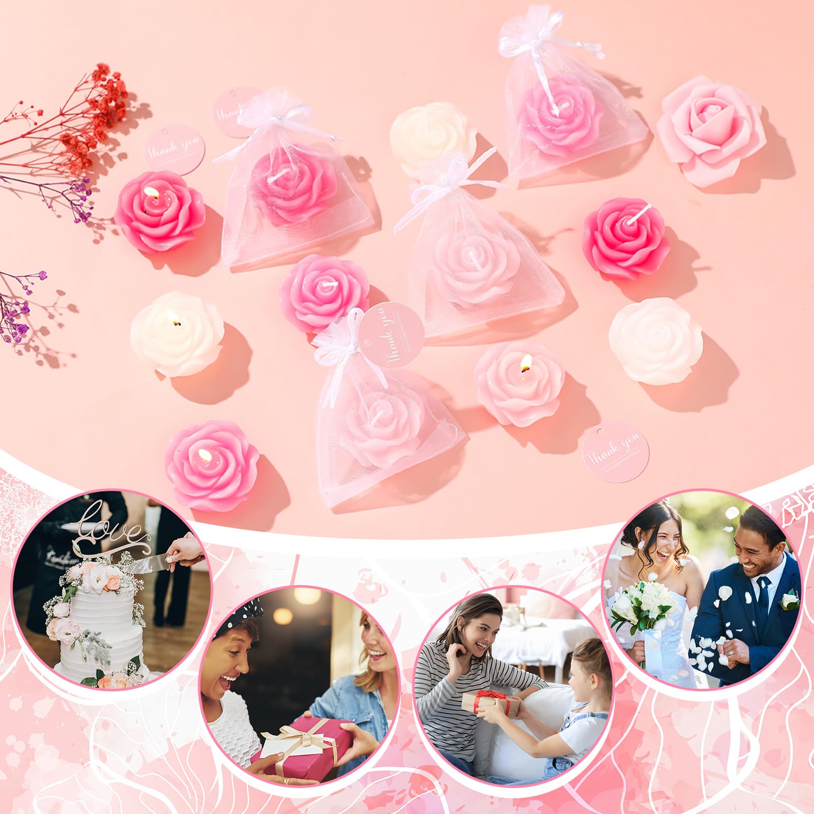 Pink Rose Tealight Candles 24-Pack - Wedding Favors & Party Decor for Guests