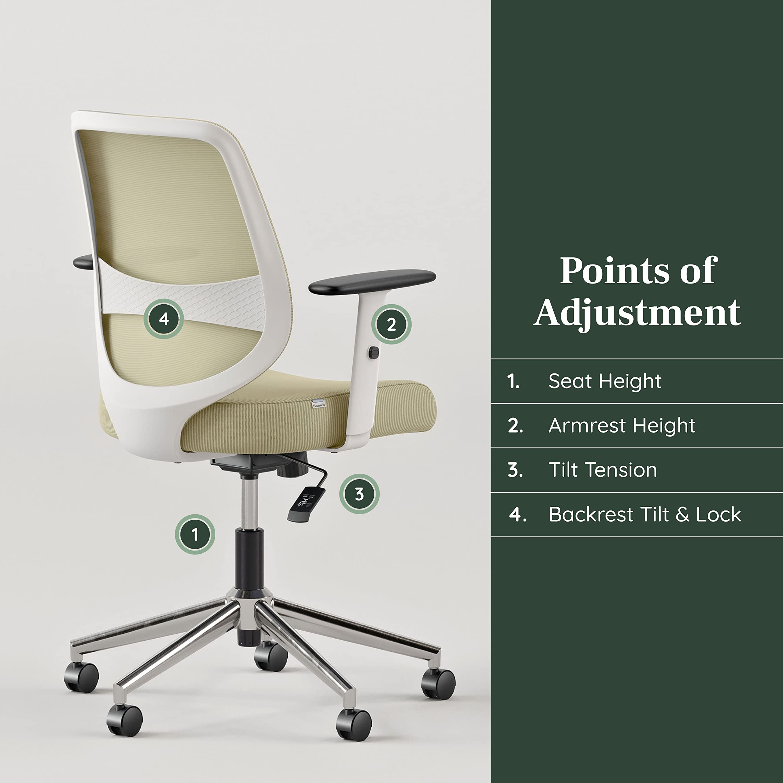 Ergonomic Mesh Office Chair with Adjustable Lumbar Support & Swivel Base - Branch Daily Computer Desk Chair for Home & Office - Breathable Backrest, Height-Adjustable Armrests - Sustainable Design for All-Day Comfort - Perfect for Remote Work, Gaming & Study Sessions