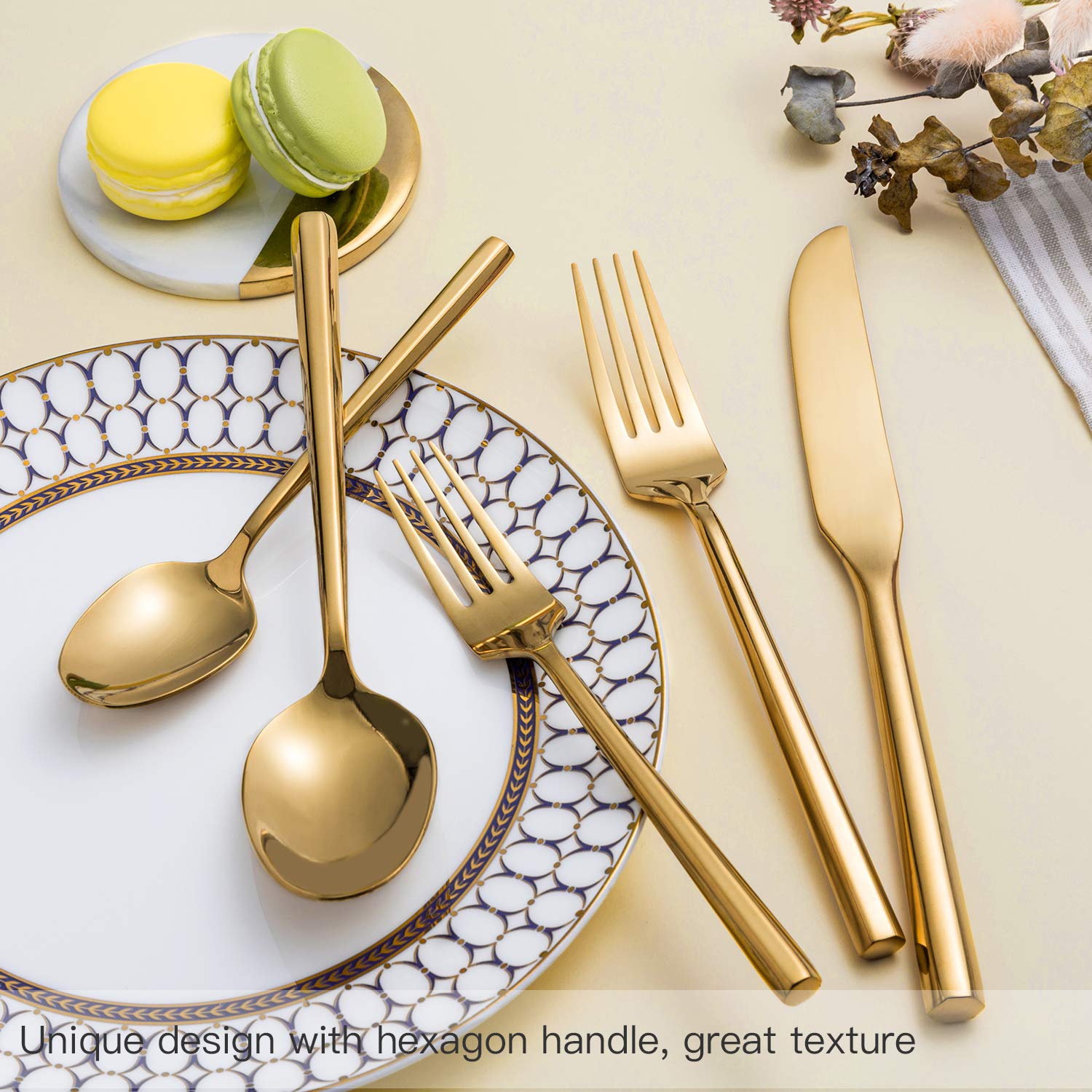 Premium 40-Piece Stainless Steel Flatware Set - Gold & Silver Silverware with Hexagon Handle for 8 People - Elegant Dinnerware for Home, Kitchen, Restaurant & Daily Use