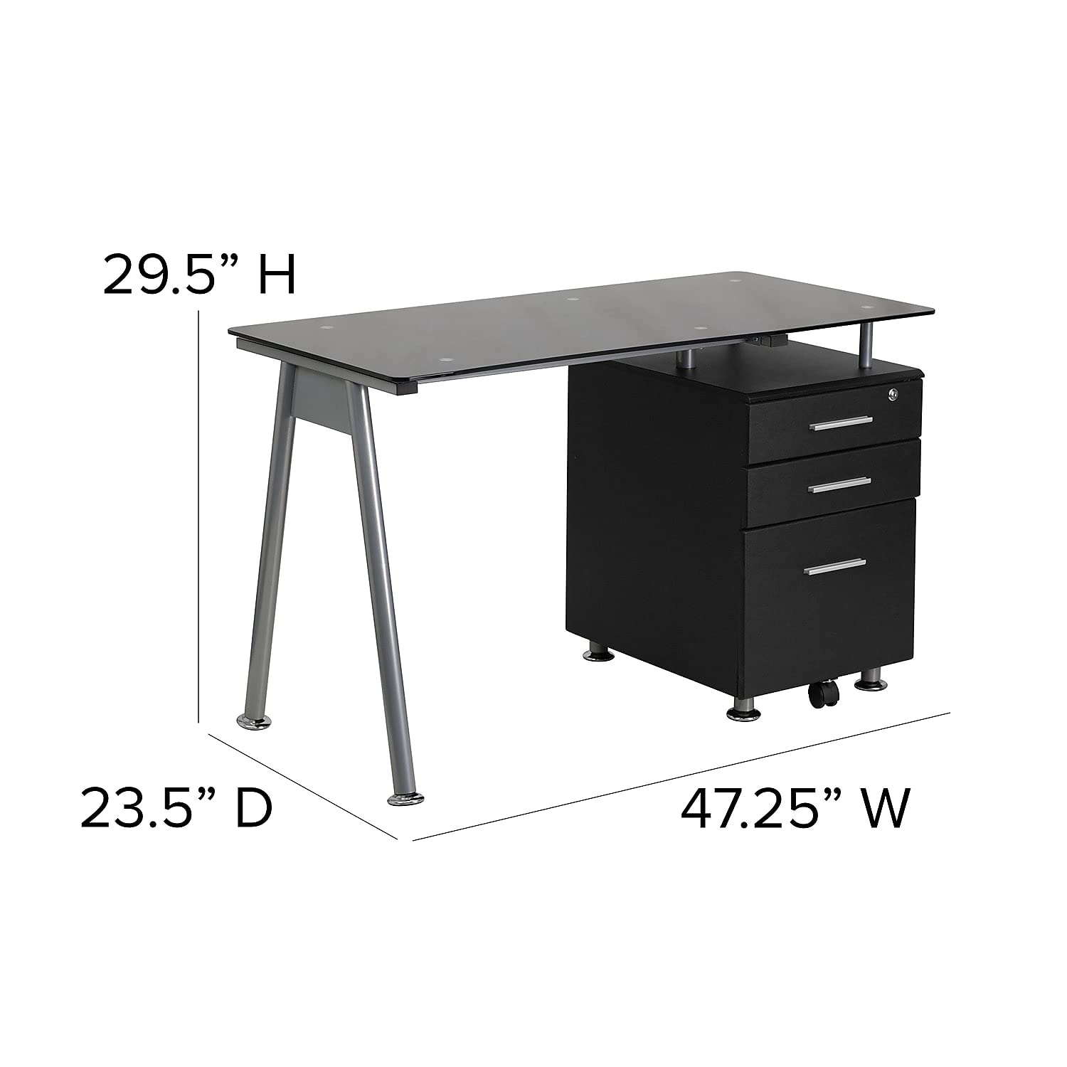 Flash Furniture Singleton Black Glass Computer Desk with Three Drawer Pedestal - Modern Home Office Desk for Work, Study & Gaming - Compact Writing Table for Small Spaces & Apartments