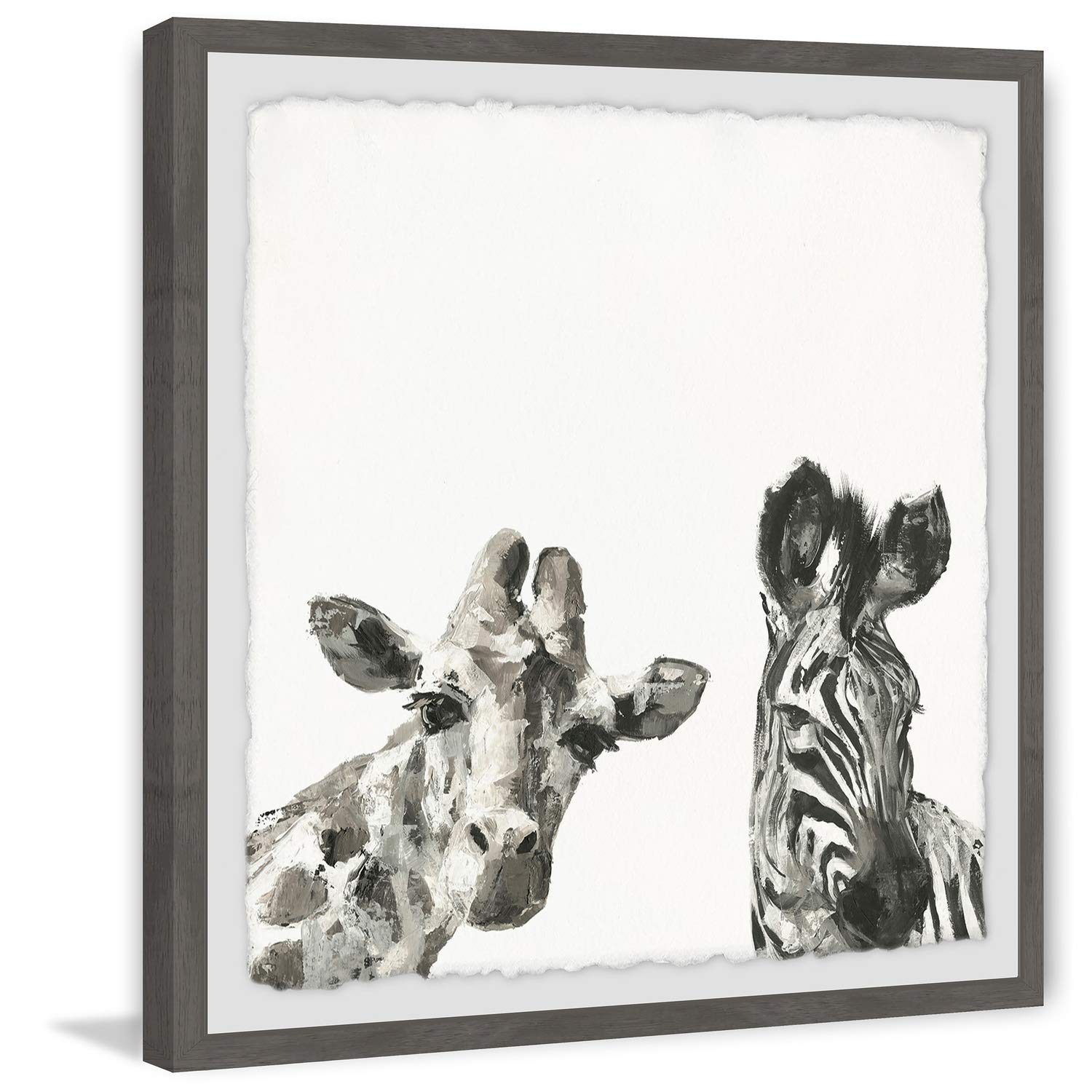 Marmont Hill Giraffe and Zebra II Framed Canvas Art Print - 18x18 Inches - Modern Animal Wall Decor for Living Room, Nursery & Office