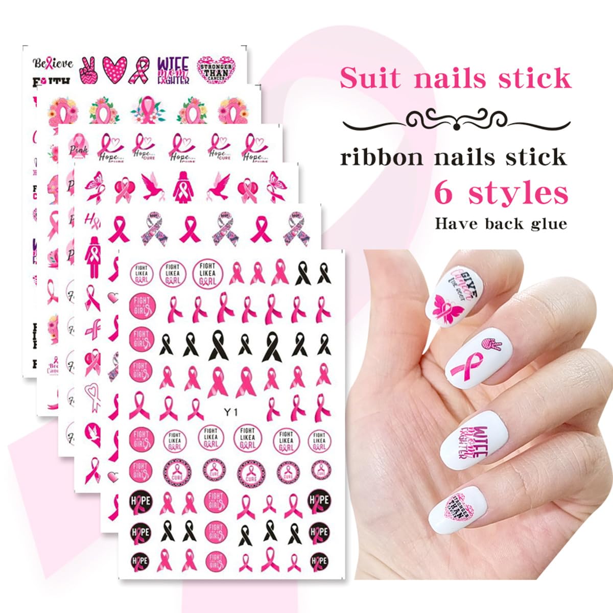 6 Sheets 3D Pink Ribbon Breast Cancer Awareness Nail Art Stickers - Self-Adhesive Heart & Letter Design Nail Decals for Women & Girls - Perfect for DIY Manicures, Fundraisers & Support Events