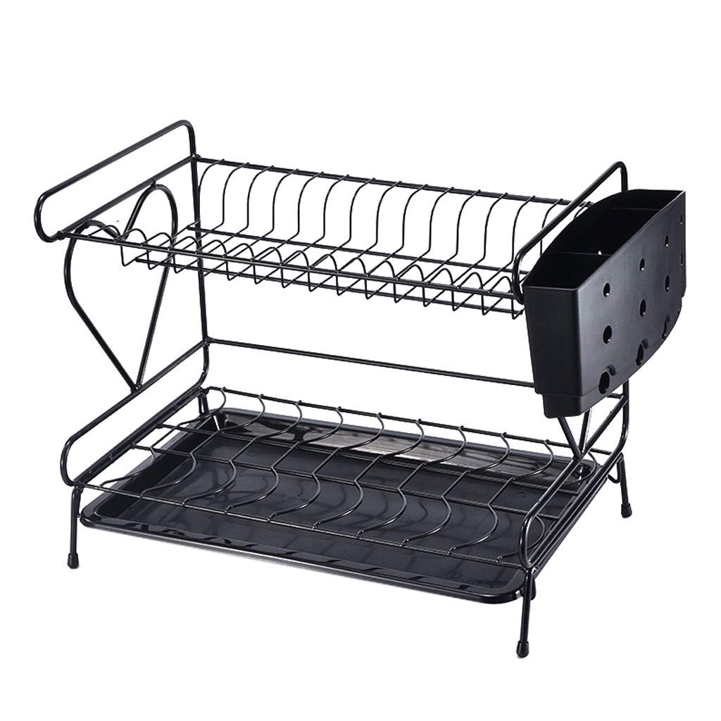 XJJZS 2-Tier Metal Dish Rack - Black Space Saving Dish Drying Rack with Utensil Holder | Multi-Functional Kitchen Storage Organizer for Countertop | Perfect for Small Kitchens, Apartments & RVs