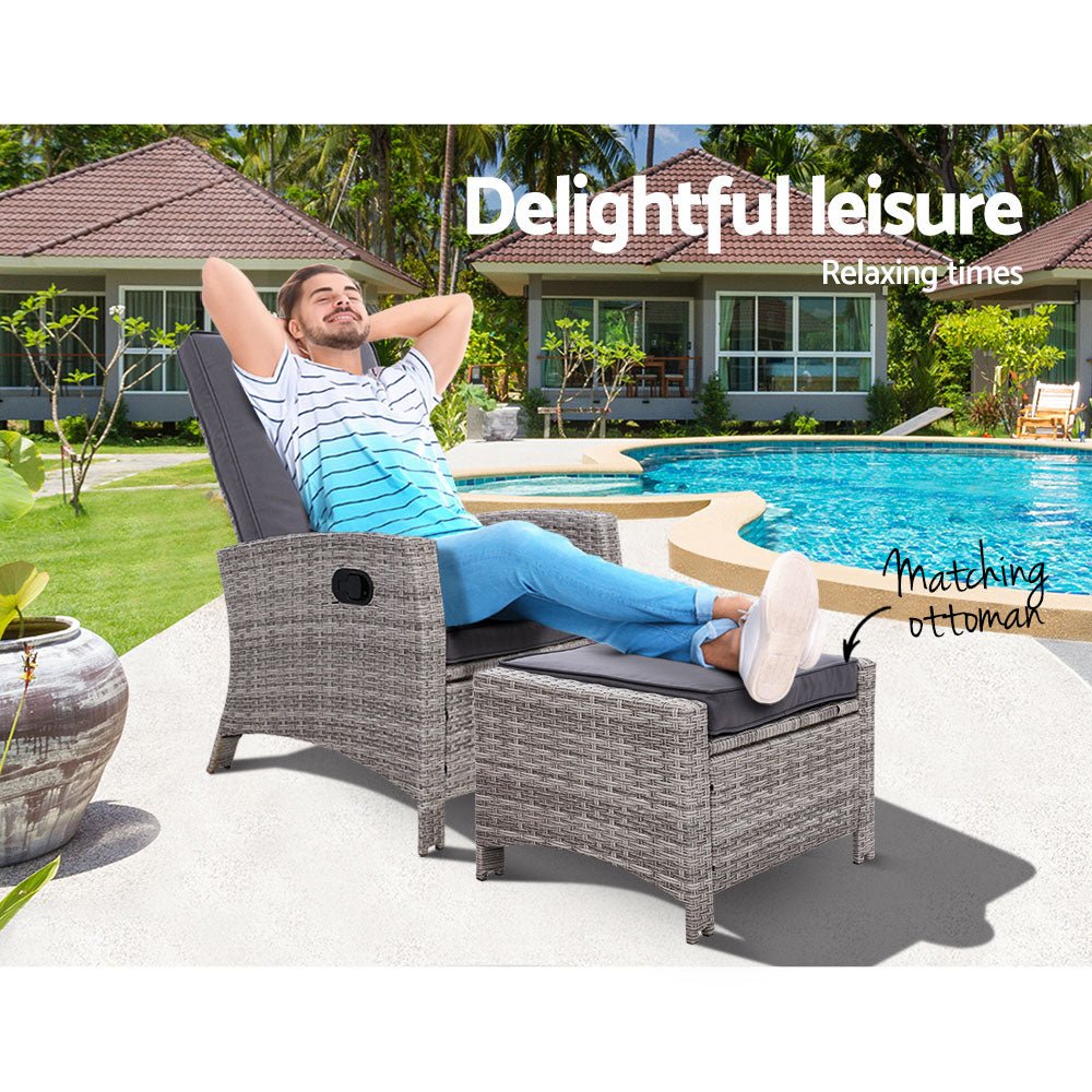 Elise Outdoor Recliner Chair with Ottoman - Grey Patio Lounge Chair for Backyard, Poolside & Garden Relaxation - Weather-Resistant Comfortable Reclining Chair
