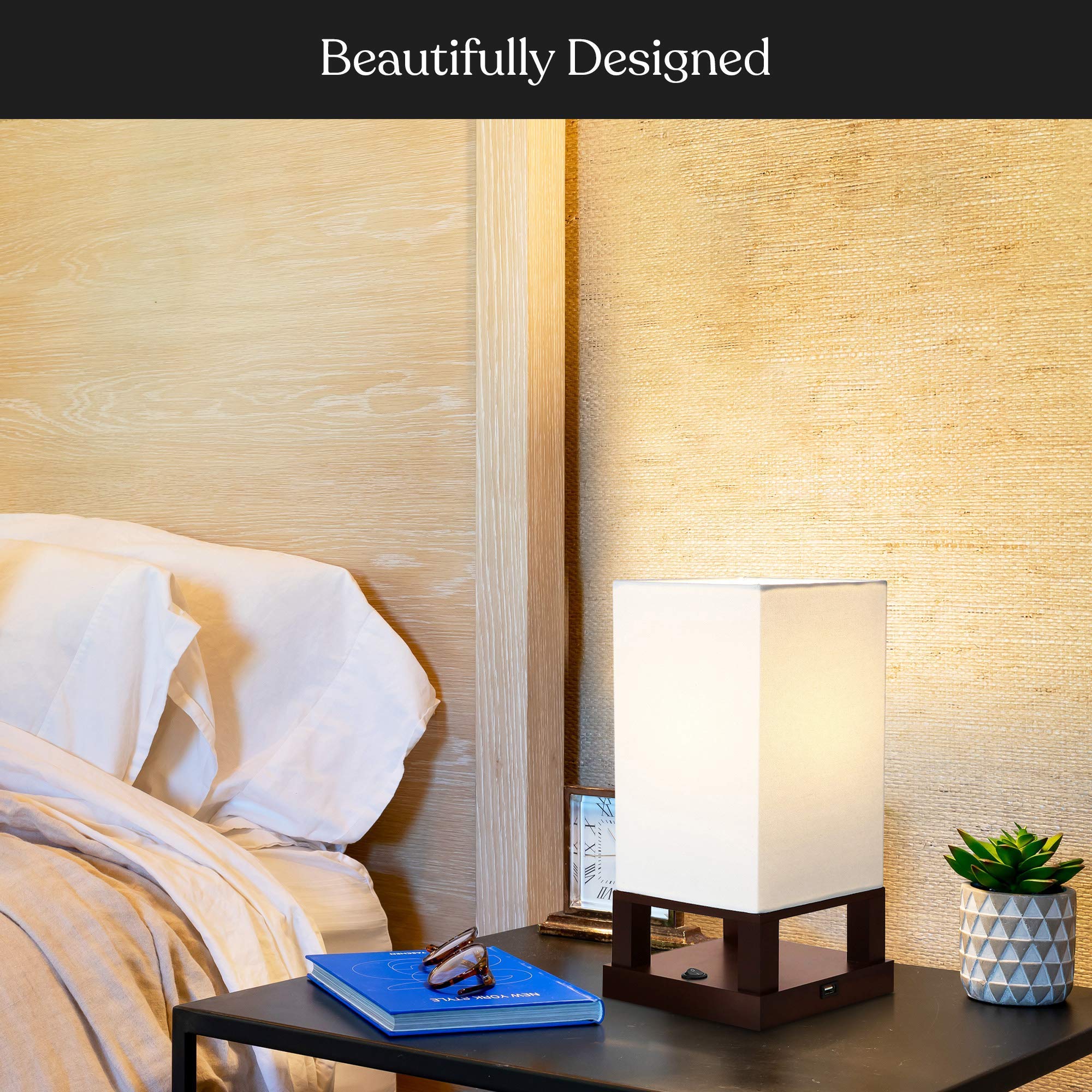 Brightech Maxwell Modern LED Floor & Table Lamp Set of 2 with USB Port & Storage Drawers - Wood Frame Bedside Lamp with Soft Ambient Lighting - Perfect for Bedroom Nightstand & Living Room Accent Lighting - Home Office Reading Lamp with Convenient USB Charging