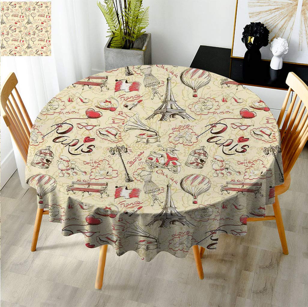 Fogoodecor Paris Themed Anti-Fade Tablecloth - 50 Inch Round French Cafe Decor with Airship, Croissants & Coffee Design - Waterproof Dining Table Cover for Kitchen, Restaurant & Party Decor