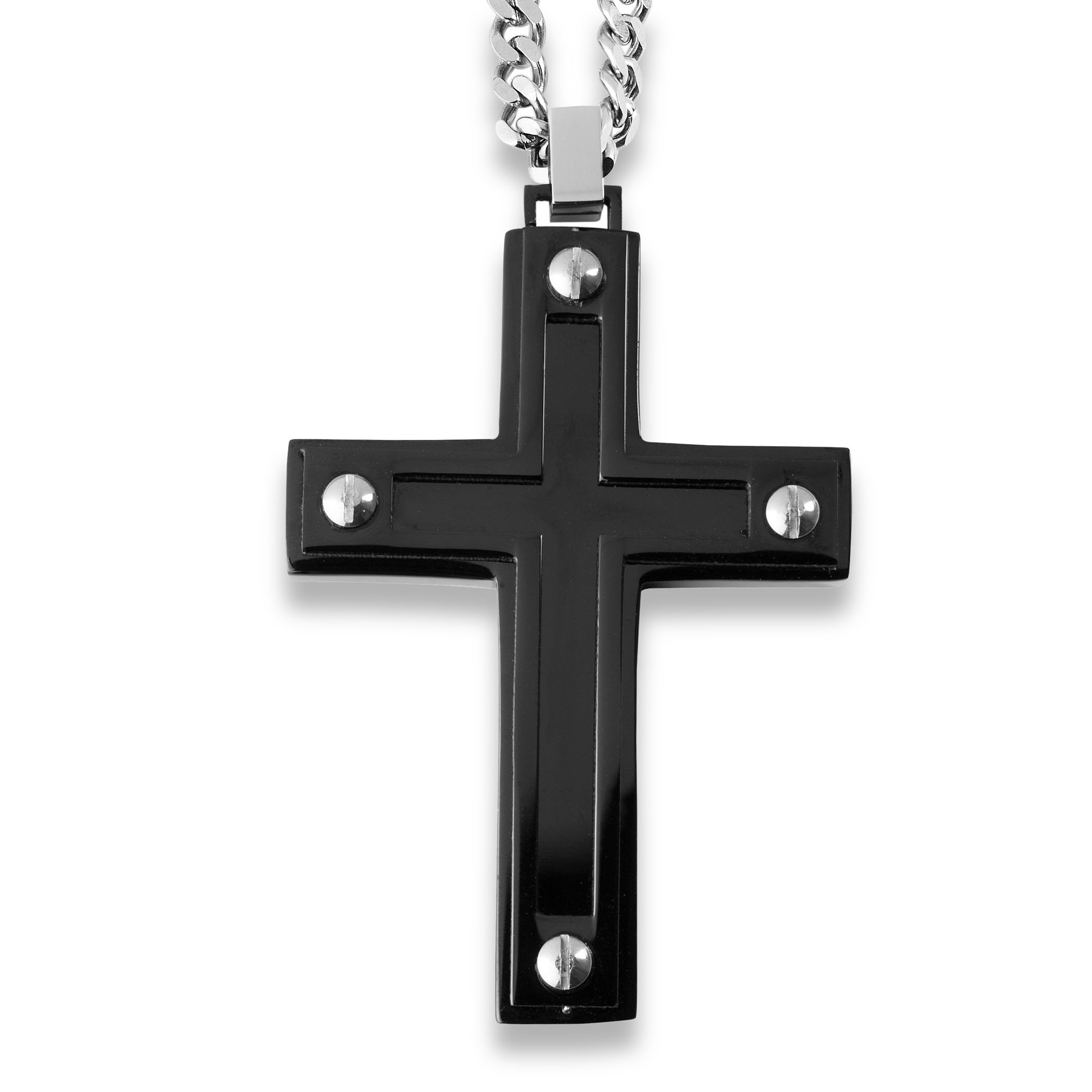West Coast Jewelry Black Stainless Steel Cross Pendant with Enamel Inlay & Screw Accents - Gothic Necklace for Men & Women, Perfect for Everyday Wear, Parties & Gifts