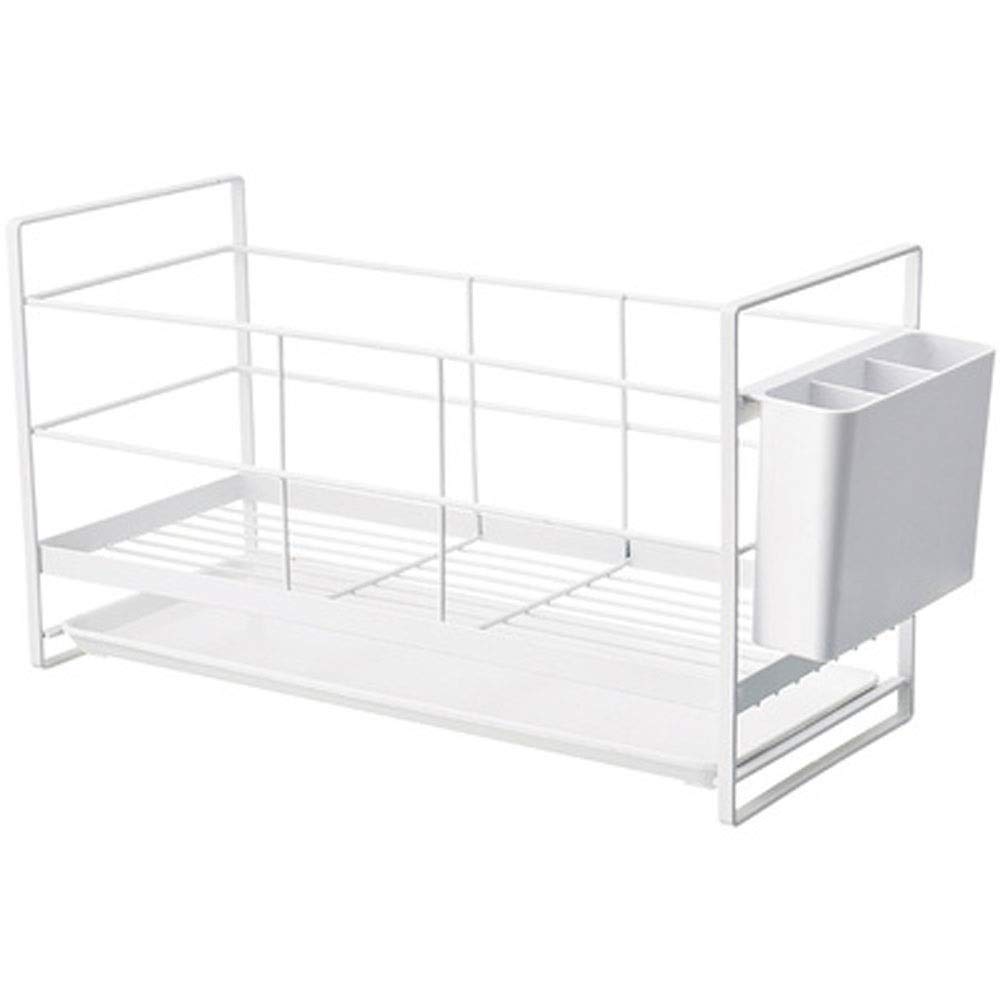 2-Tier White Dish Drying Rack with Chrome Plating - Space Saving Kitchen Organizer with Utensil Holder & Drain Board - Perfect for Small Kitchens, Apartments, and Countertop Storage