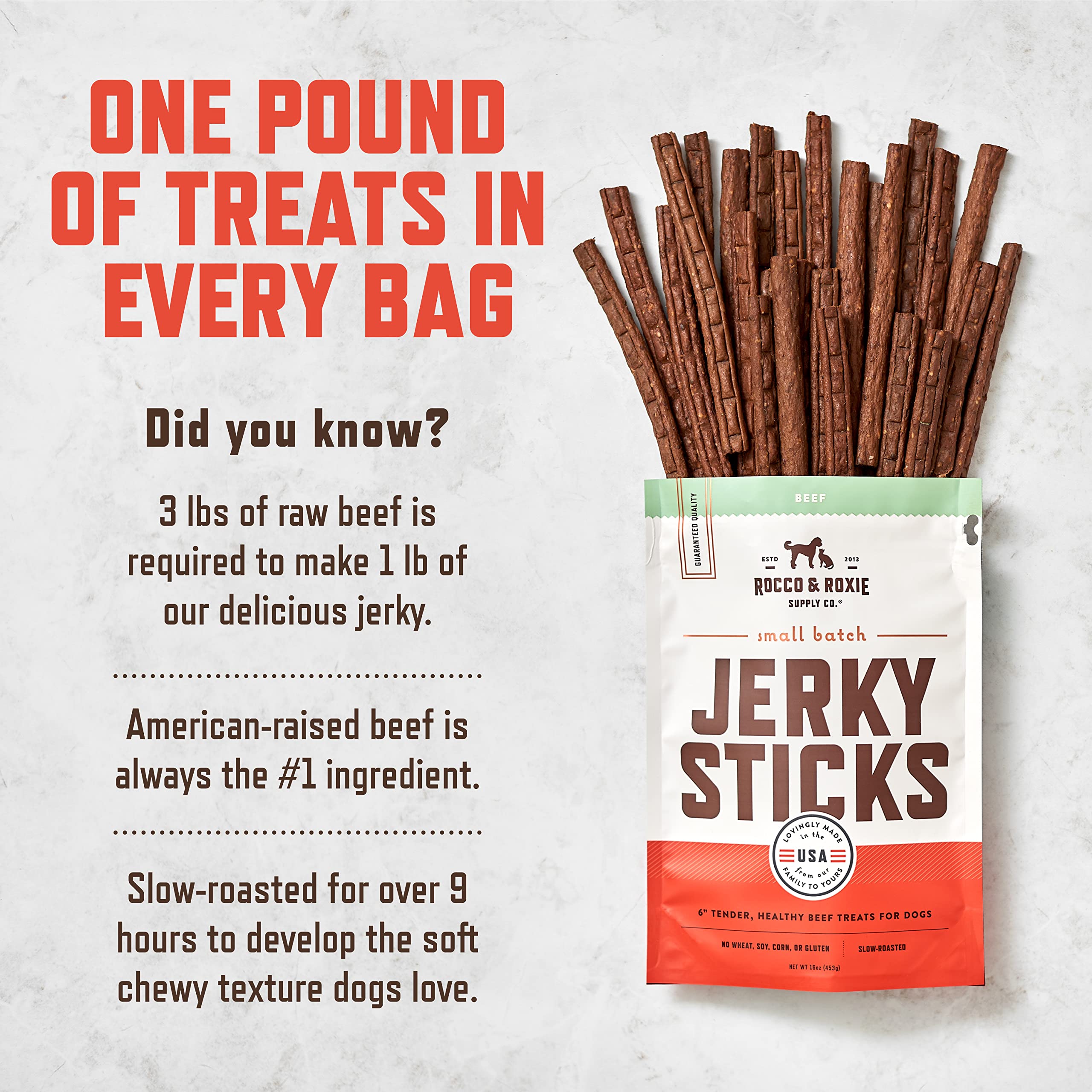 Rocco & Roxie Beef Jerky Dog Treats for All Breeds - Soft & Healthy Puppy & Senior Dog Training Snacks - High Protein Dog Sticks for Small, Medium & Large Dogs - Perfect for Training Rewards, Travel Treats & Daily Nutrition - 1lb Bag