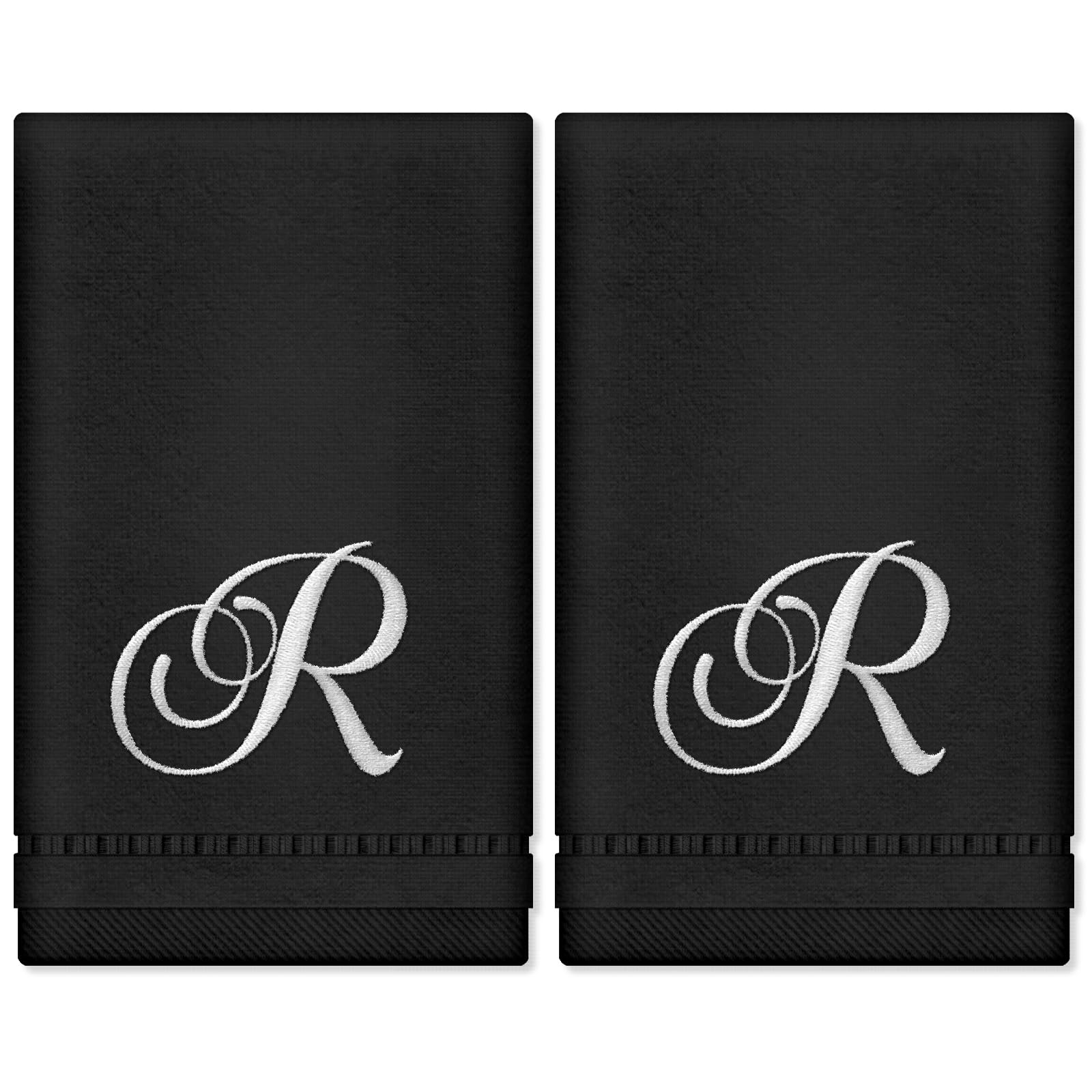 Personalized Monogrammed Hand Towels Set - 100% Cotton Embroidered Bathroom Towels (11x18 Inches) - Black Initial R - Set of 2 - Perfect for Guest Bathrooms, Powder Rooms & Luxury Home Decor