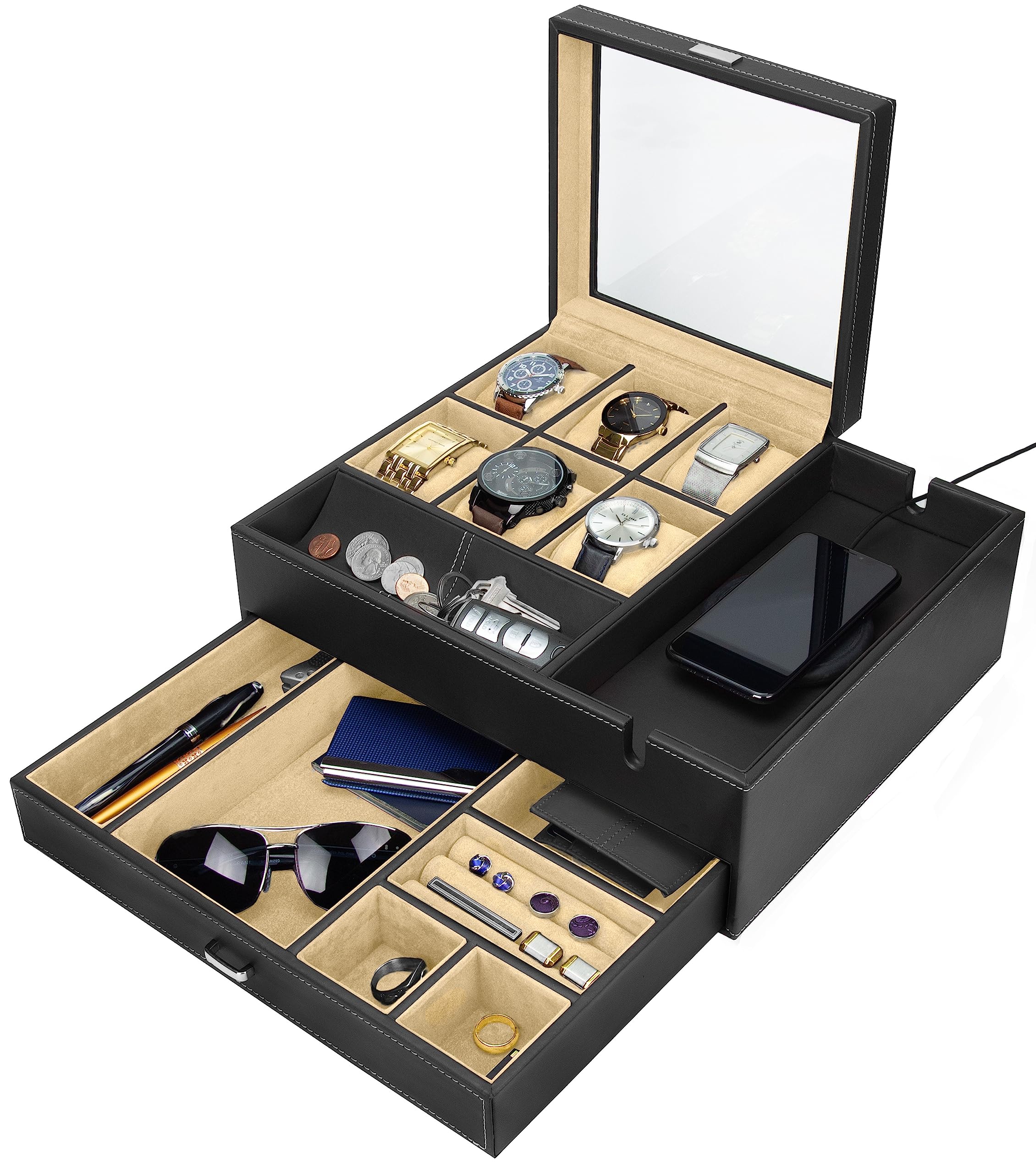 HOUNDSBAY Commander Dresser Valet Watch Box & Jewelry Organizer for Men with Smartphone Charging Station & Cufflink Storage - Black/Ivory - Perfect for Dresser Top, Nightstand, or Travel Accessories Organization