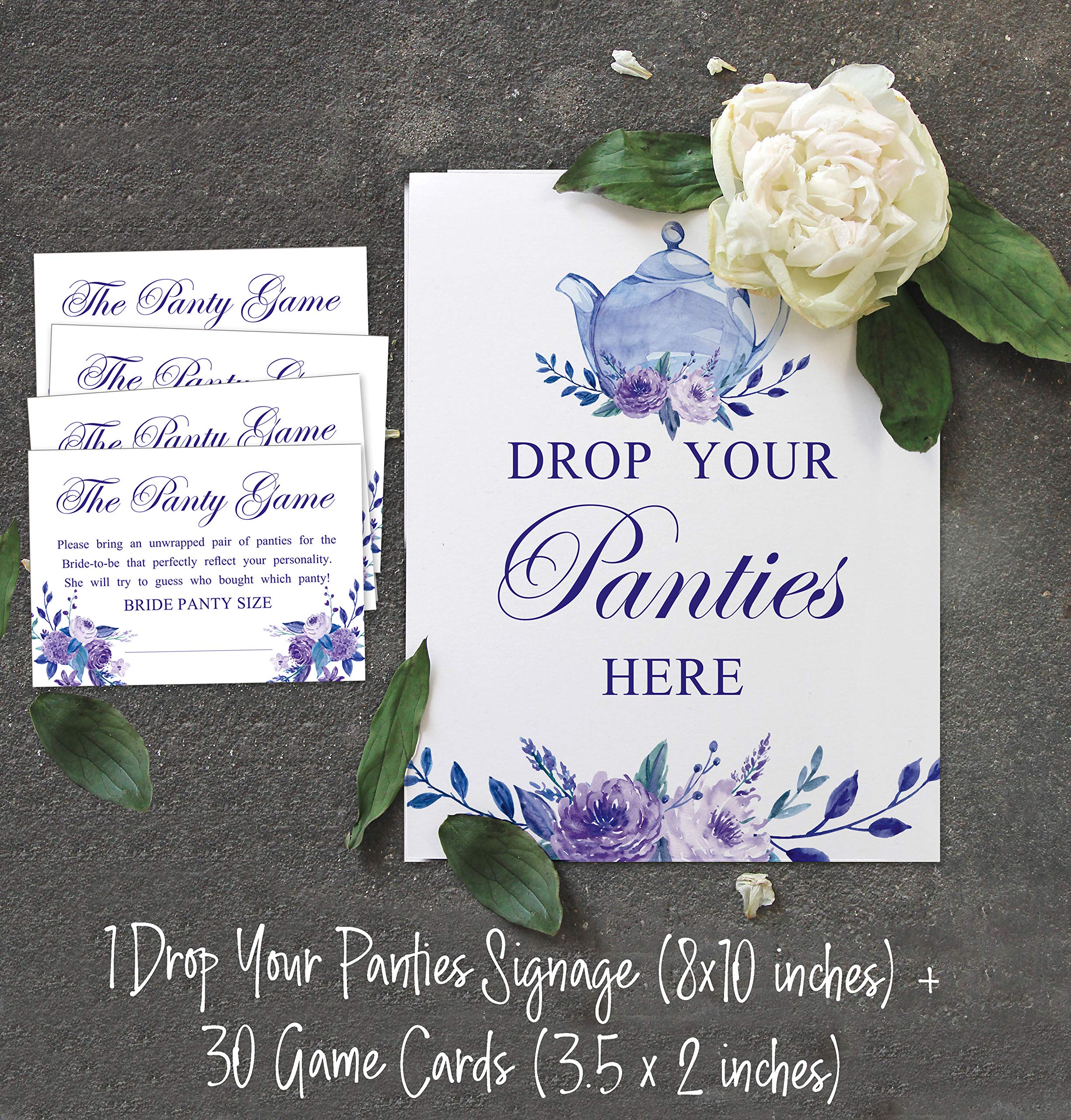 White 'Drop Your Panties' Bachelorette Party Game - Floral Bridal Shower Panty Guessing Activity with 1 Sign & 30 Size Cards - Perfect for Tea Parties, Wedding Showers & Girls' Night Fun
