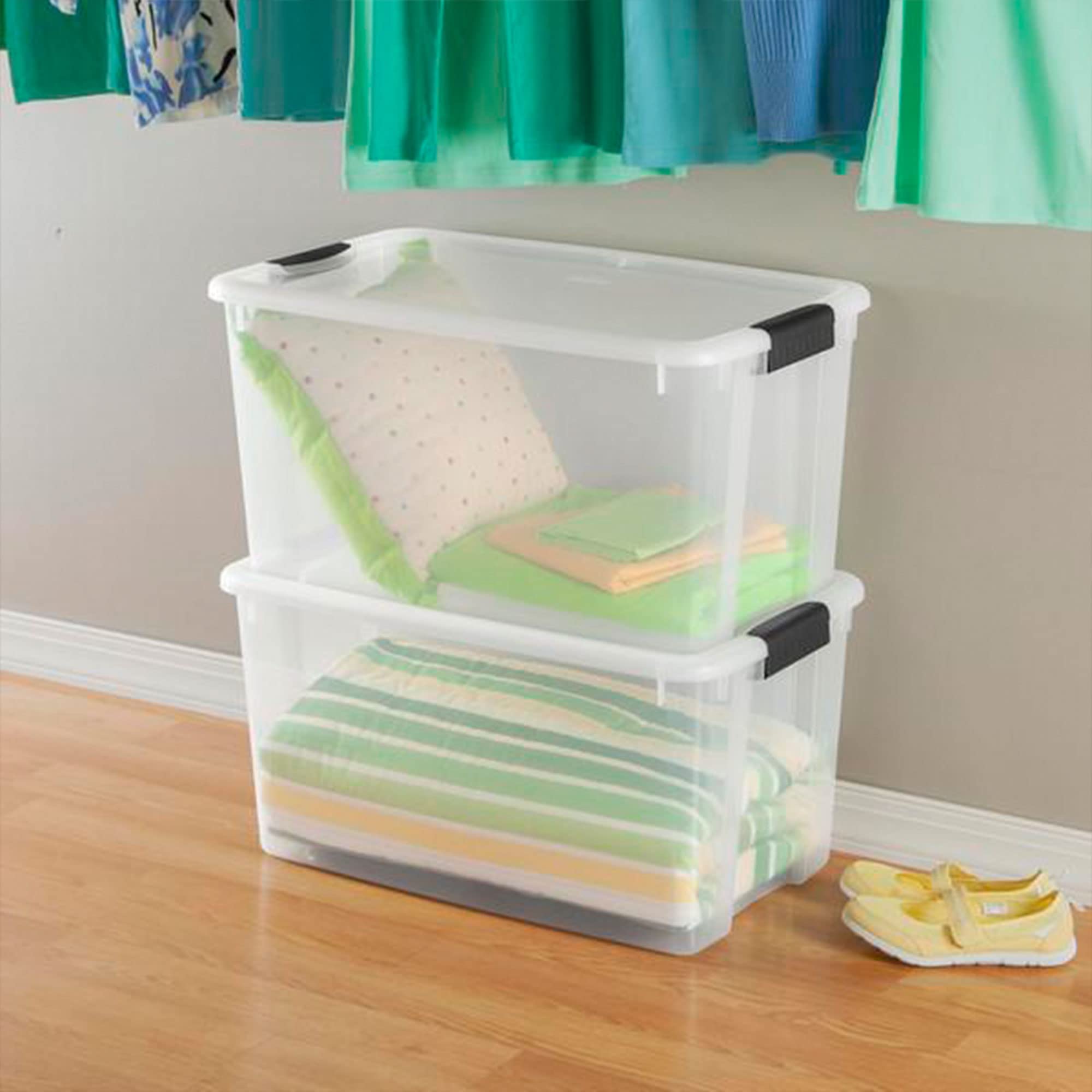 106 Quart & 66 Quart Clear Latching Plastic Storage Totes - 4 Pack Stackable Organizer Bins for Home, Garage, and Office Organization | Sterilite Storage System Solution