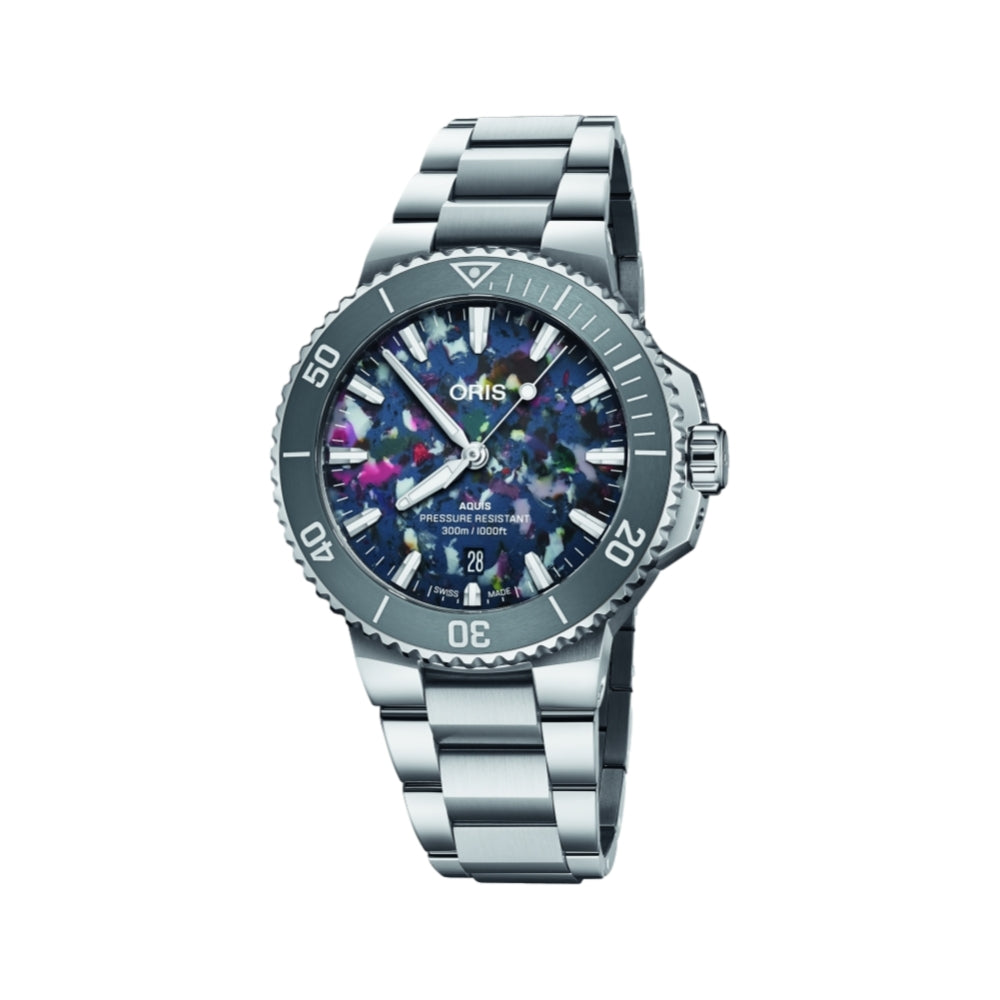Aquis Date 2024 Upcycle 41.5mm Multi-Colored Stainless Steel Bracelet Watch - Perfect for Diving, Swimming & Everyday Wear