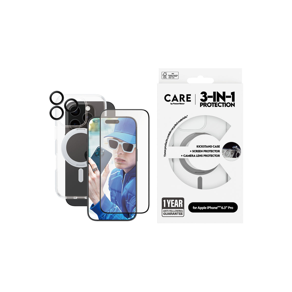PanzerGlass CARE 3-in-1 Ceramic Screen Protector for iPhone 16 Pro - Anti-Scratch, Anti-Fingerprint, HD Clear - Perfect for Work, Travel & Everyday Protection