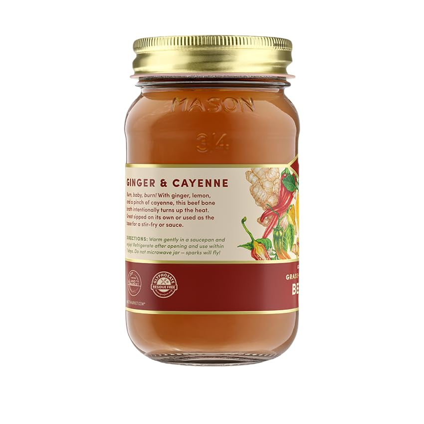 Grass-Fed Regenerative Beef Bone Broth with Organic Ginger & Cayenne - Keto, Paleo & Whole30 Friendly - Perfect for Soups, Stews & Immune Support