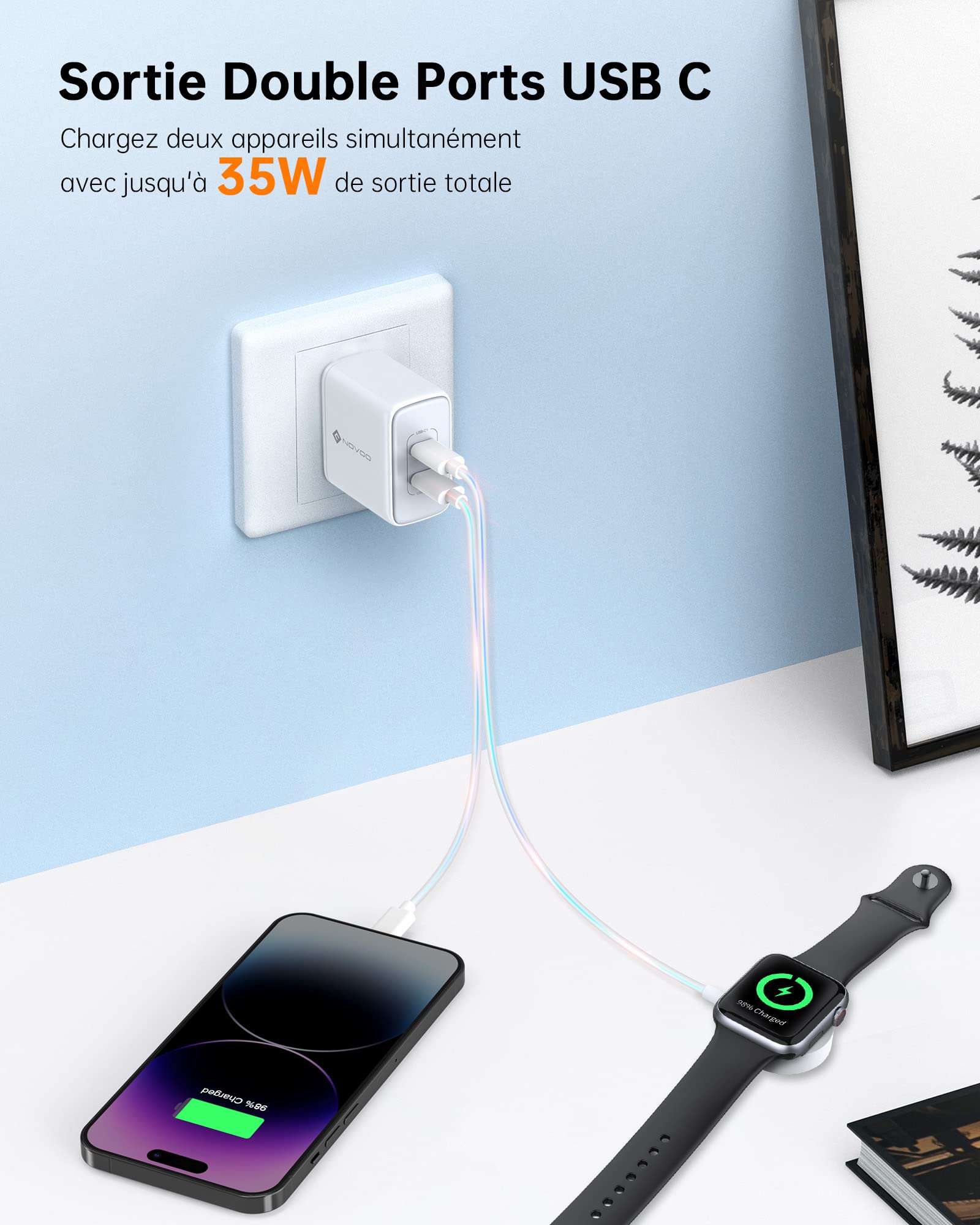 NOVOO 35W Fast USB C Charger with 2 Ports, PD 3.0 Quick Charger for iPhone 14 Pro Max/13/12, Galaxy S23 Ultra/S22, MacBook Pro/Air M1/M2, iPad Pro/Air, Steam Deck | Perfect for Travel, Office & Home Charging