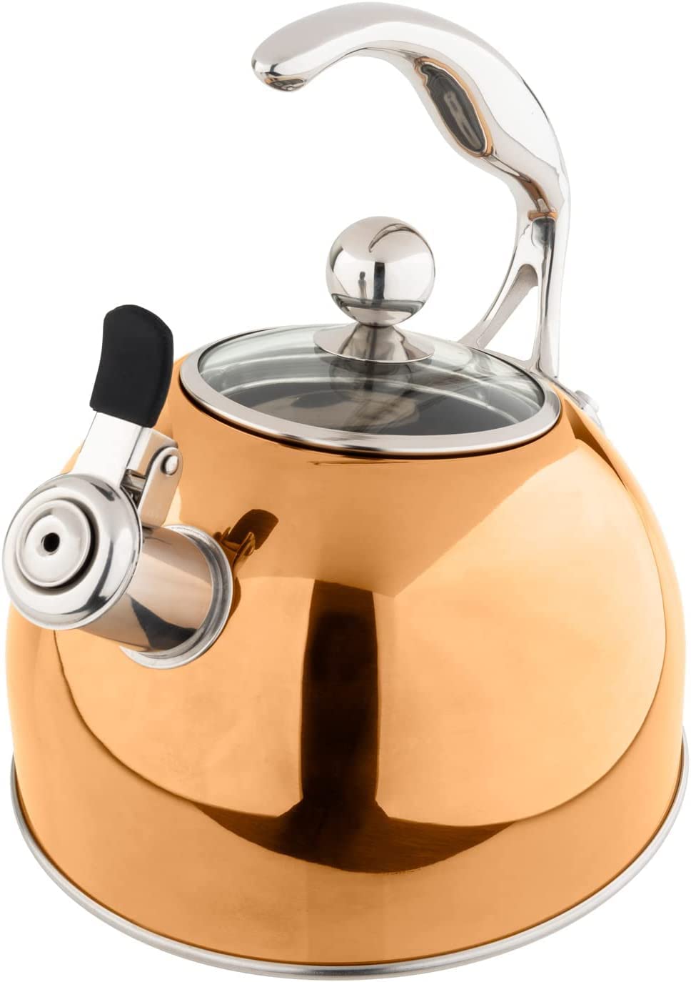 Premium Viking 3-Ply Stainless Steel Whistling Tea Kettle - 2.6 Quart Stovetop Hot Water Pot with Tempered Glass Lid & Ergonomic Handle - Induction Compatible Rose Gold - Perfect for Tea Brewing, Coffee Making & Kitchen Decor