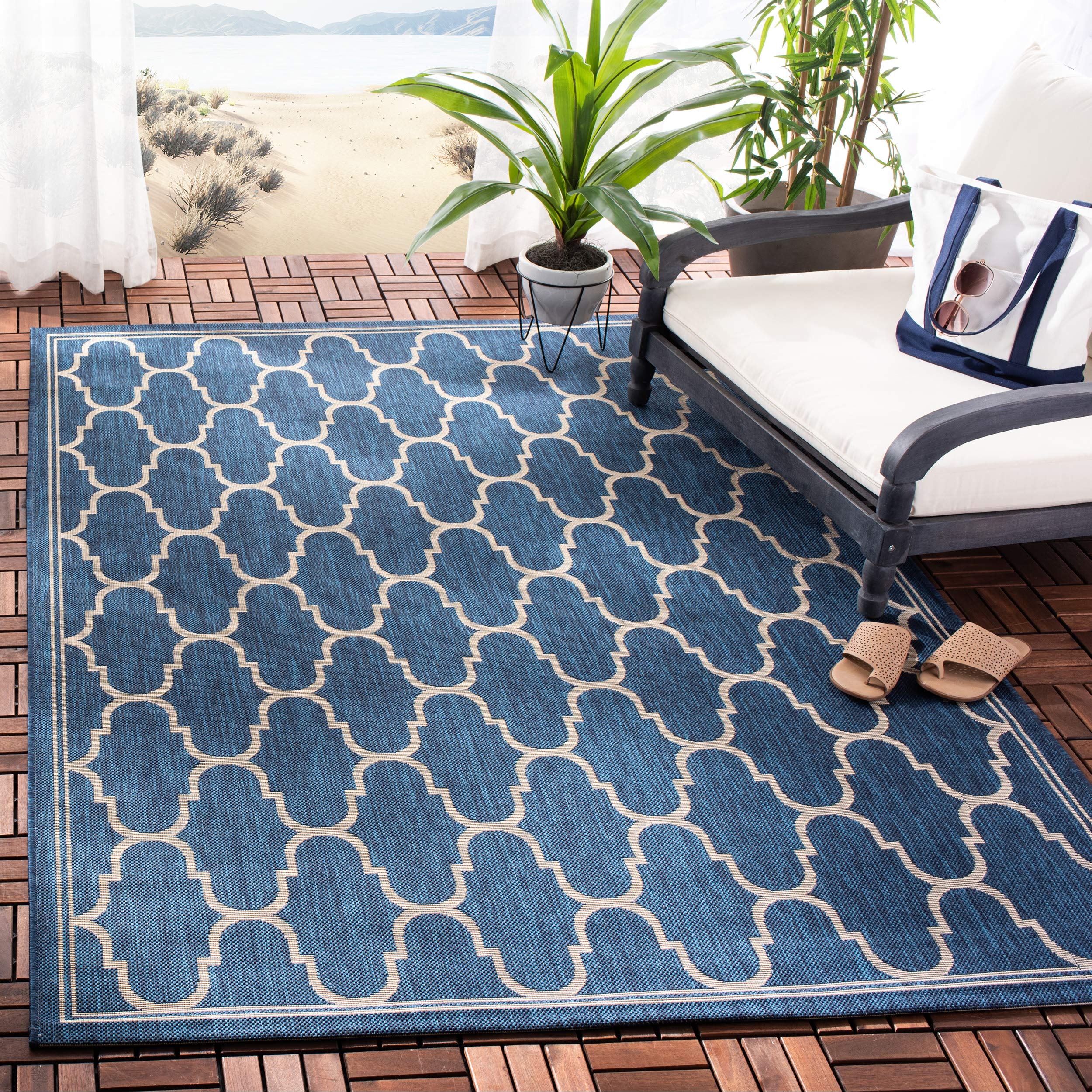 SAFAVIEH Courtyard Collection 8' x 11' Navy & Beige Indoor/Outdoor Area Rug - Non-Shedding, Easy Care & Machine Washable - Perfect for Living Room, Bedroom, Patio, Backyard & Mudroom (CY6016-268)
