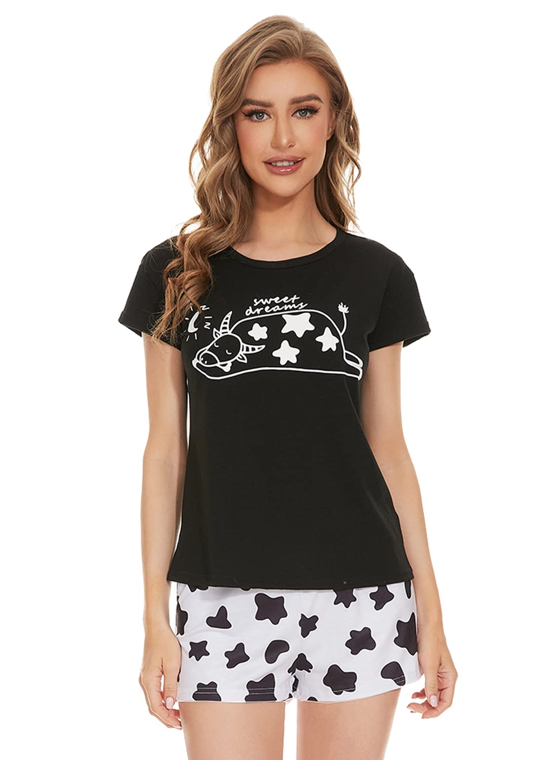 YIJIU Women's Short Sleeve Tee and Shorts Pajama Set - Cute Alpaca Print Sleepwear for Summer Nights, Lounge Wear & Cozy Home Outfits