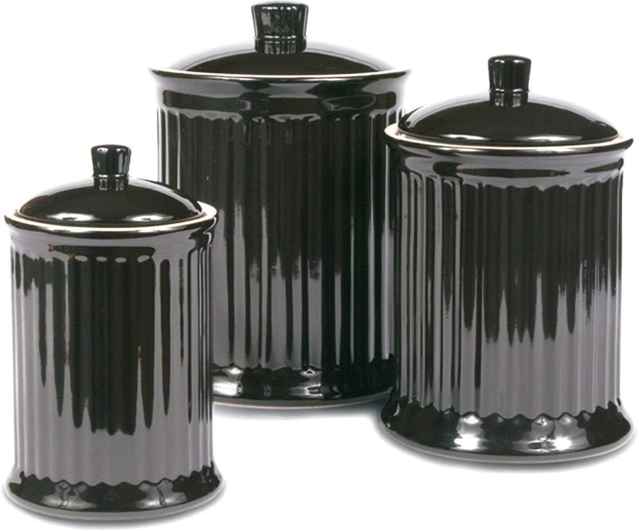 Omniware Simsbury 3-Piece Stoneware Canister Set - Airtight Kitchen Storage Containers with Silicone-Sealed Lids, Lead-Free & Dishwasher Safe - Farmhouse-Style Flour, Sugar, Coffee Canisters (Black) - Perfect for Pantry Organization & Baking Essentials Storage